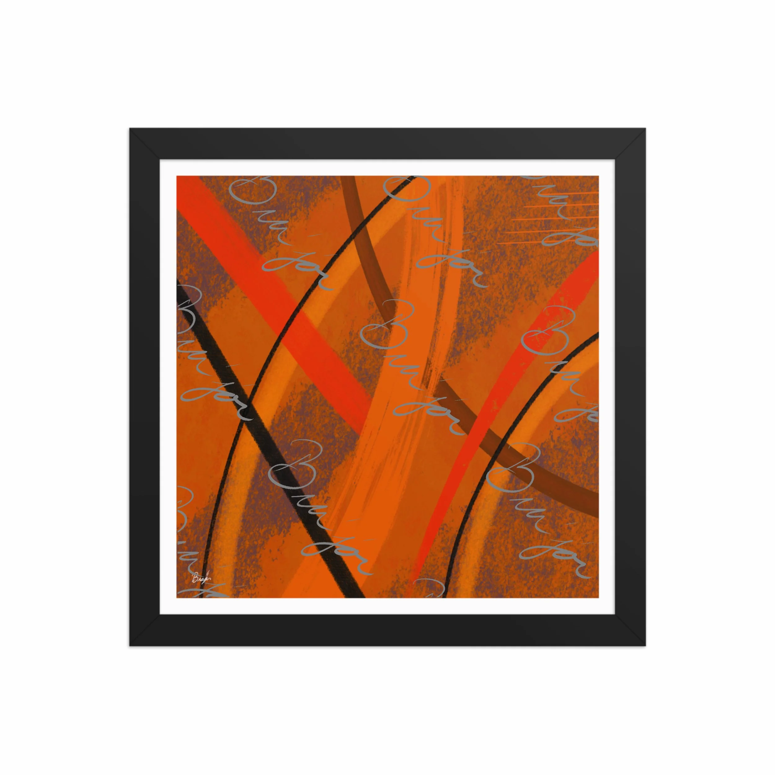 12x12 Black Framed Abstract artwork titled Challenges designed by the digital abstract artist Bra'jor. Artwork includes the colors Orange, Brown, Blue, and Black