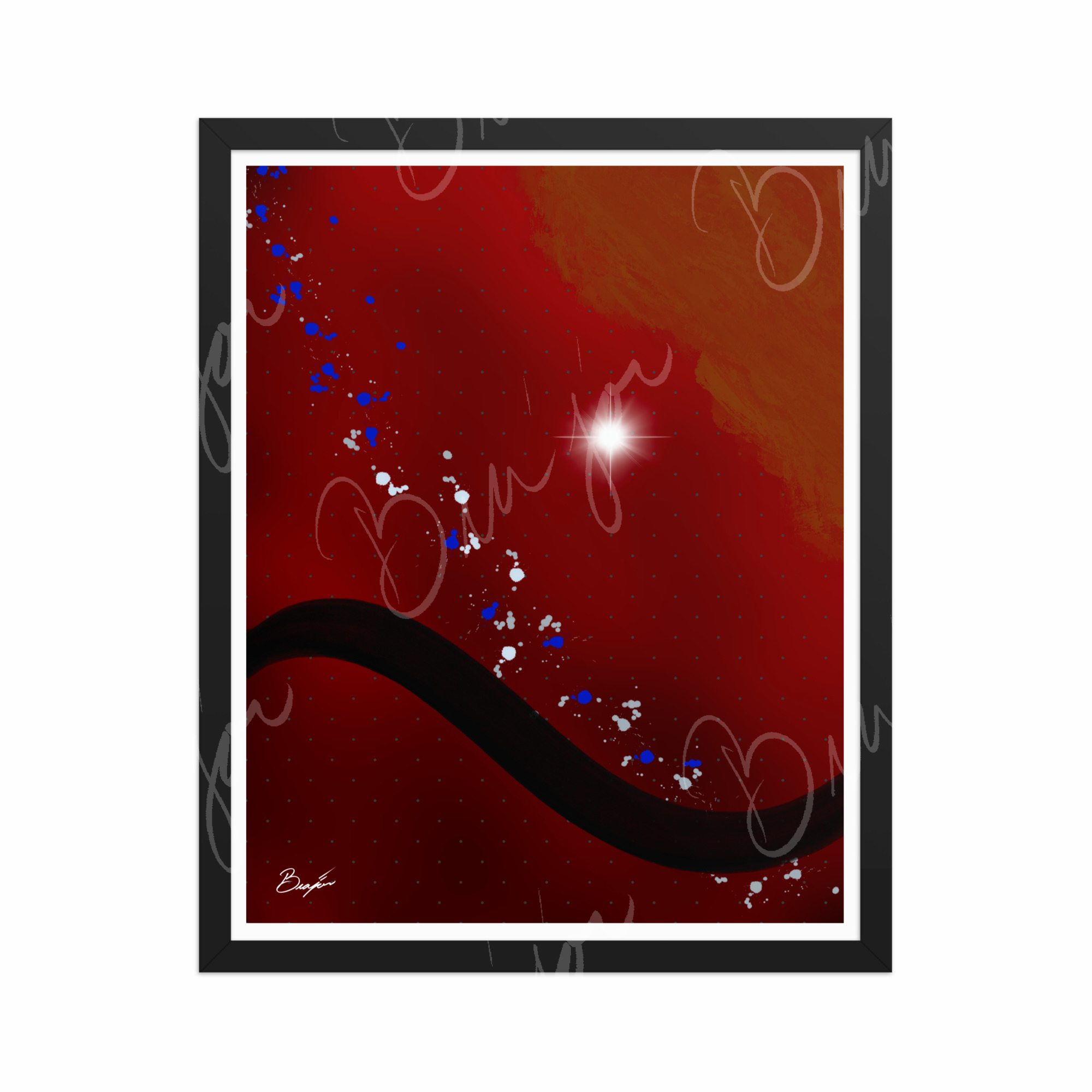 16x20 Black Framed Abstract artwork titled Take Your Place designed by the digital abstract artist Bra'jor. Artwork includes the colors Red, Yellow, Orange, Black, Gray, and White