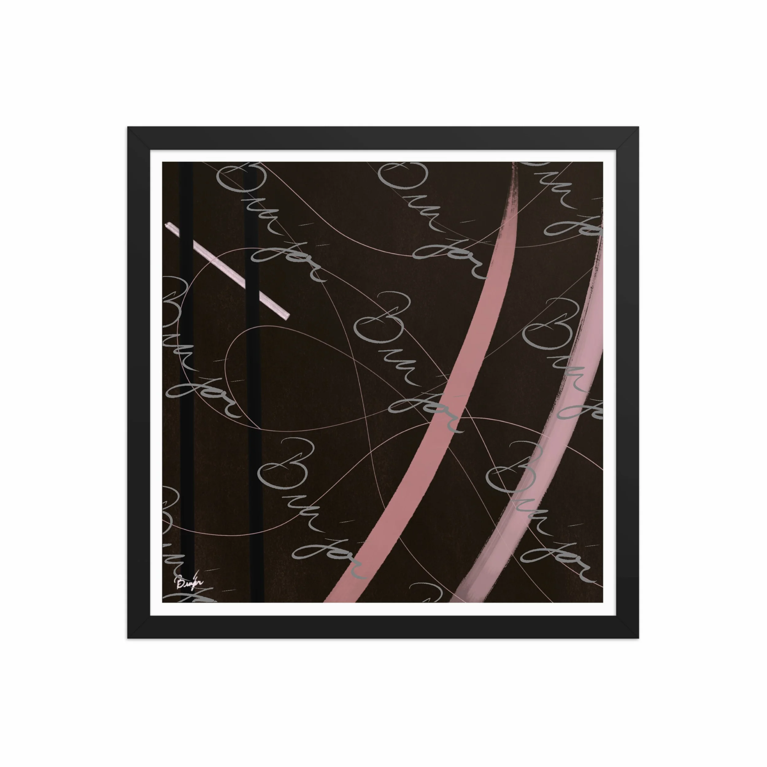 16x16 Black Framed abstract artwork titled Beholder designed by the digital abstract artist Bra'jor. Artwork includes the colors Brown, Pink, Black, and White