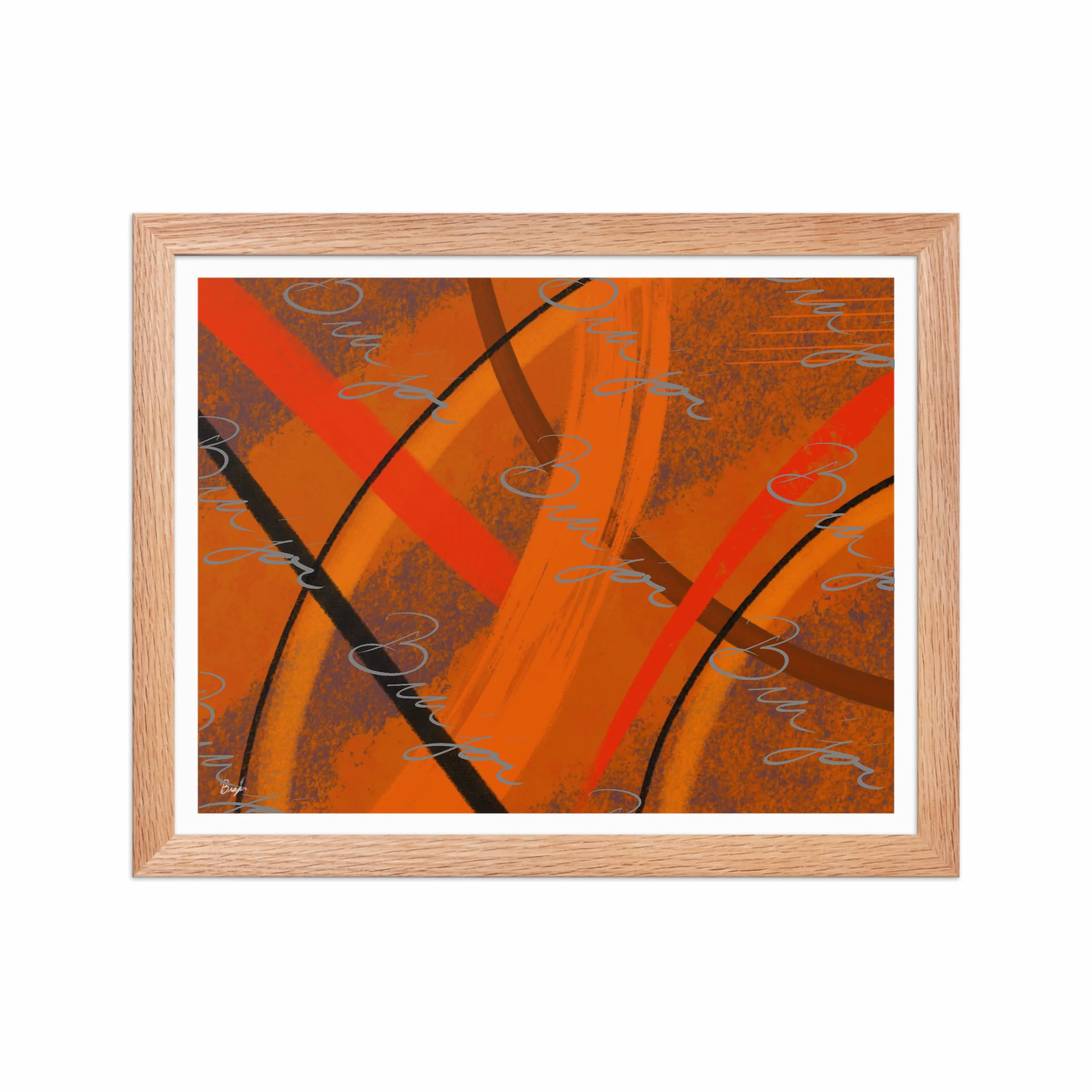 11x14 Red Oak Framed Abstract artwork titled Challenges designed by the digital abstract artist Bra'jor. Artwork includes the colors Orange, Brown, Blue, and Black