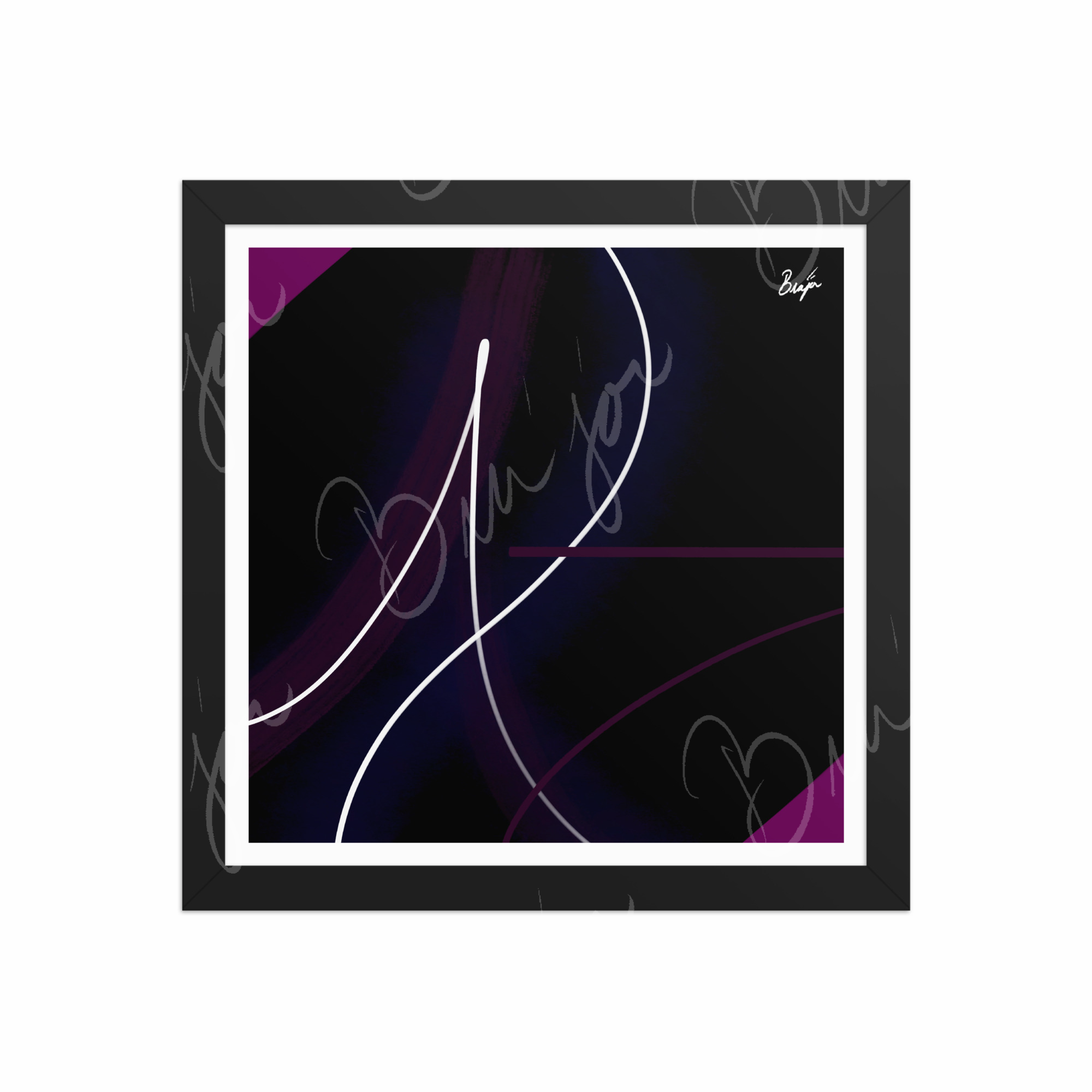 12x12 Black Framed Abstract artwork titled Poised designed by the digital abstract artist Bra'jor. Artwork includes the colors Purple, Pink, Blue, and White