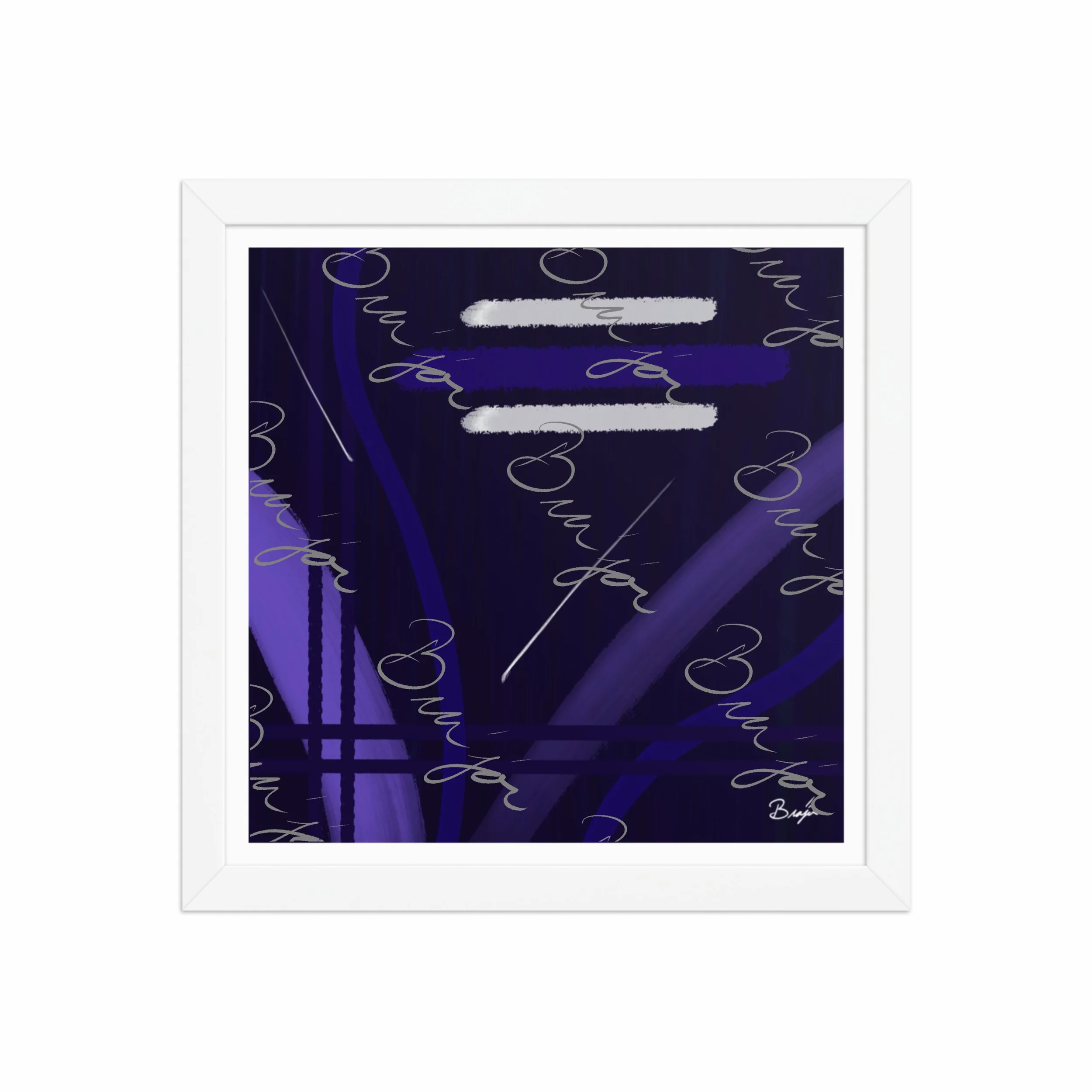 12x12 White Framed Abstract artwork titled Beneath designed by the digital abstract artist Bra'jor. Artwork includes the colors Blue, White, Purple, and Navy