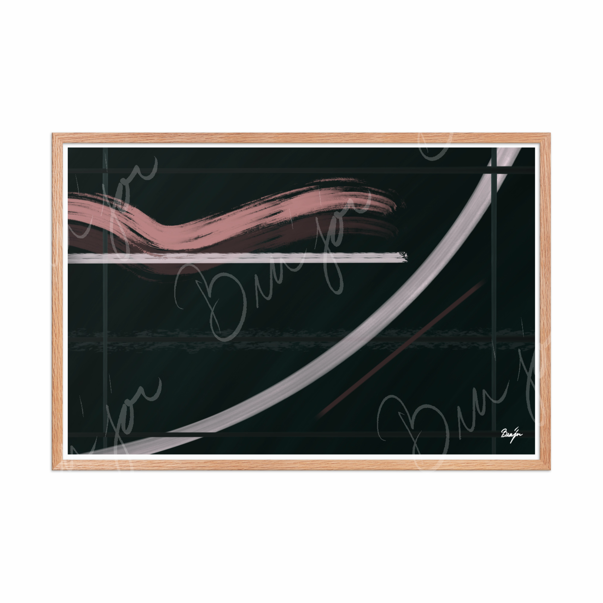 24x36 Red Oak Framed Abstract artwork titled Together designed by the digital abstract artist Bra'jor. Artwork includes the colors Brown, Pink, Green, and White