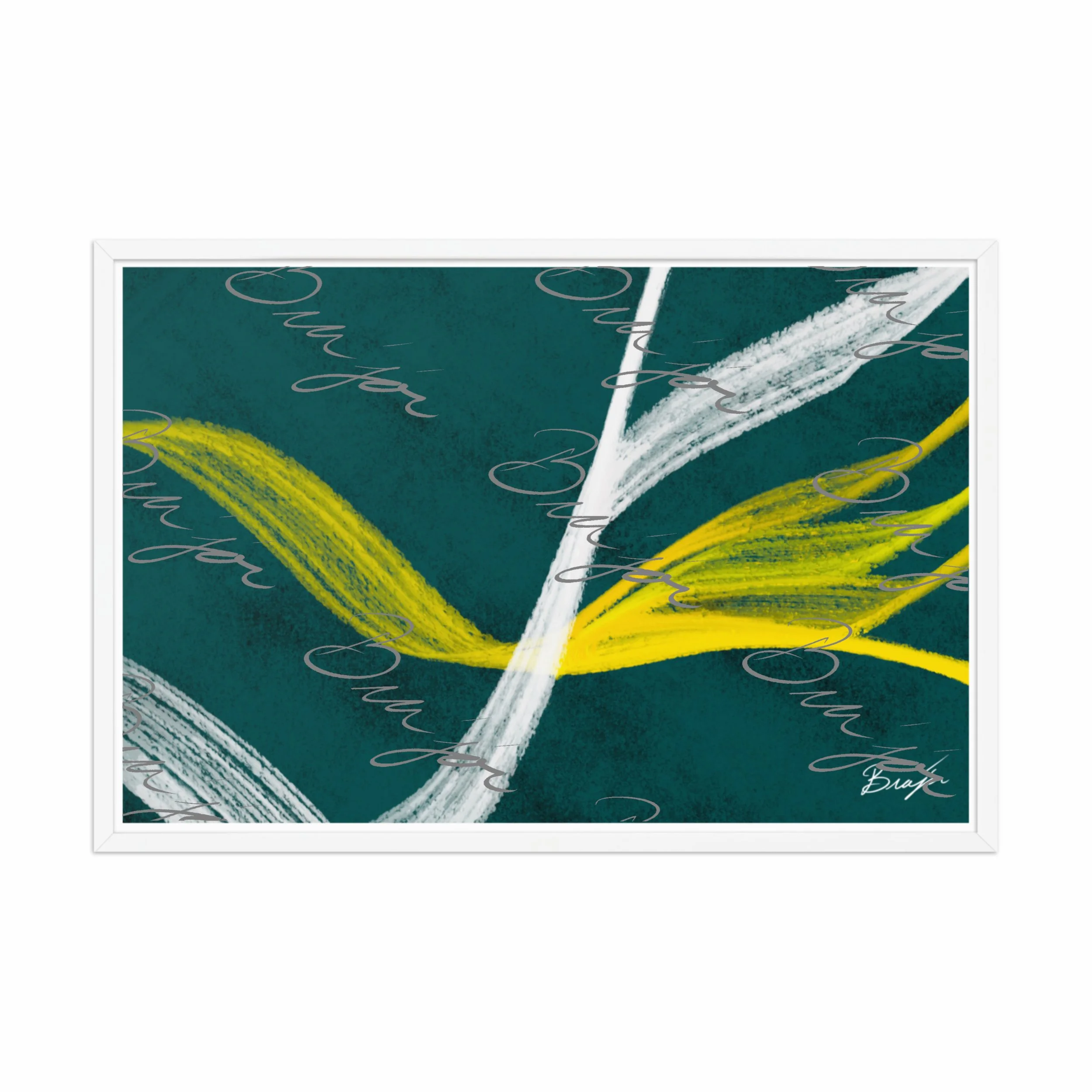 24x36 White Framed abstract artwork titled Beginnings designed by the digital abstract artist Bra'jor. Artwork includes the colors Yellow, Green, White, and Black