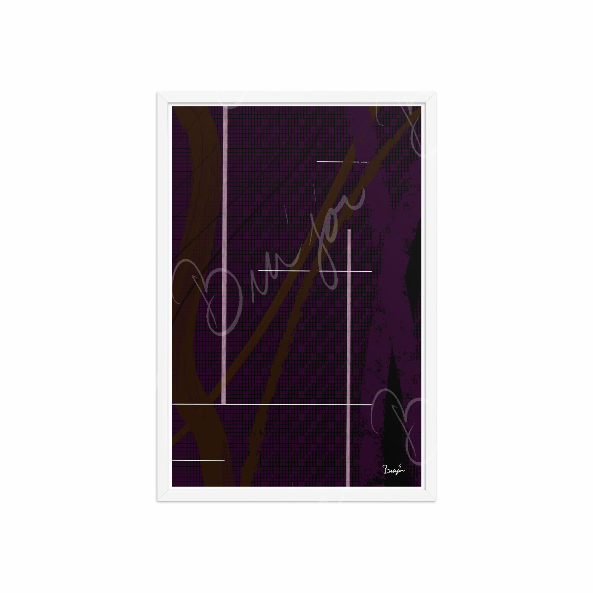 20x30 White Framed Abstract artwork titled Out of the Box designed by the digital abstract artist Bra'jor. Artwork includes the colors Purple, Brown, Black, and White