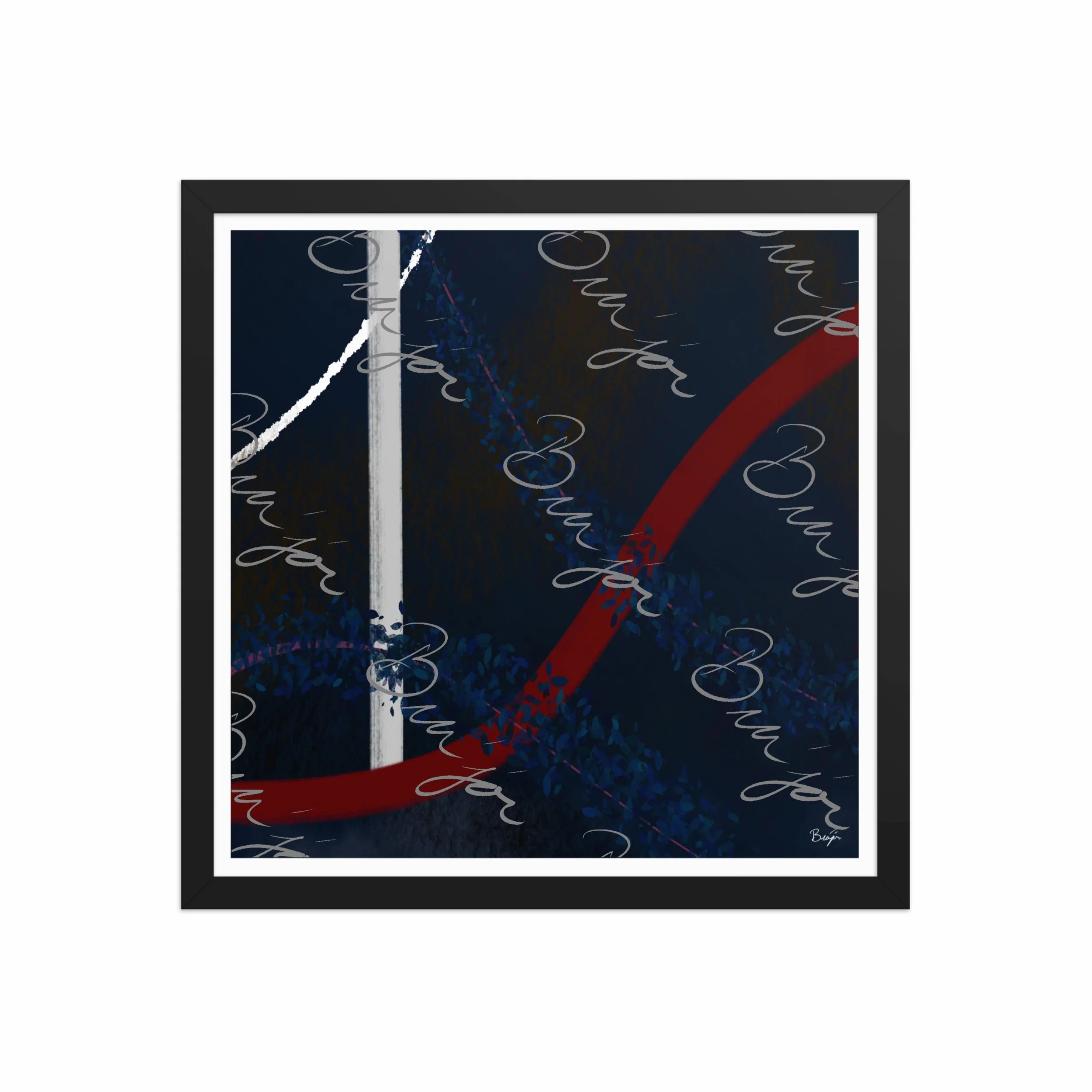 16x16 Black Framed abstract artwork titled Gloomy II designed by the digital abstract artist Bra'jor. Artwork includes the colors Blue, Red, White, Pink, and Black