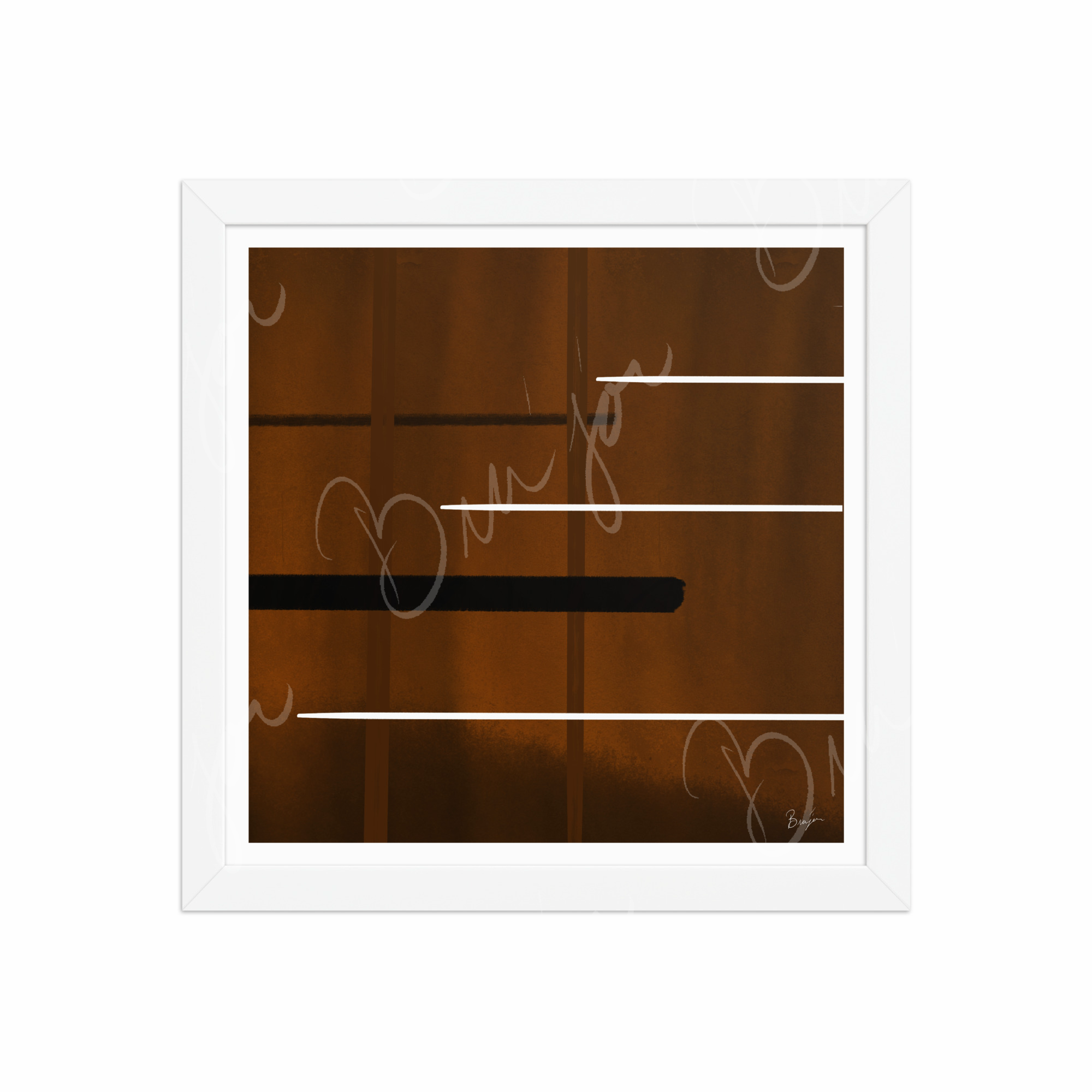 12x12 White Framed Abstract artwork titled Steps designed by the digital abstract artist Bra'jor. Artwork includes the colors Brown, Black, and White