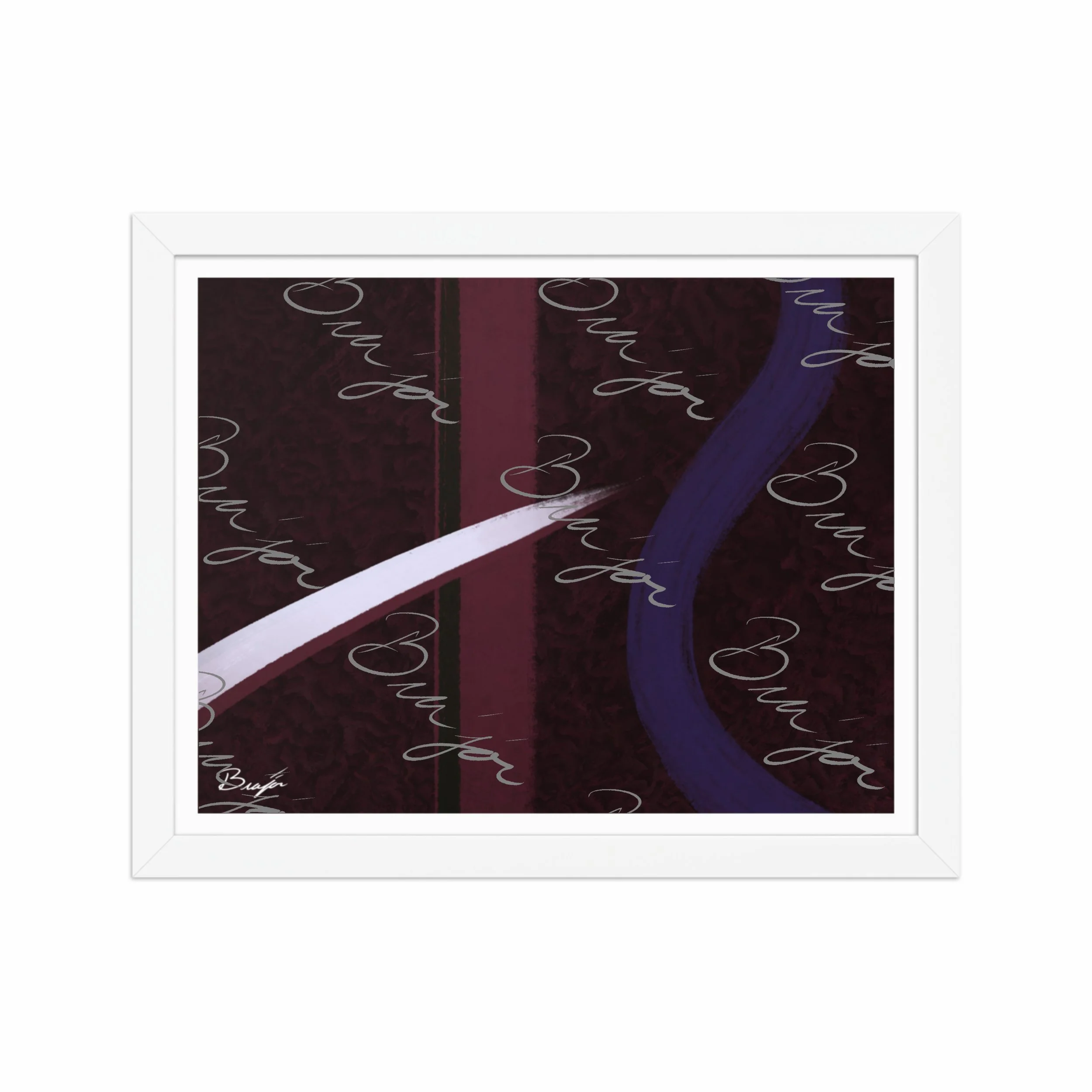 11x14 White Framed abstract artwork titled The Walk designed by the digital abstract artist Bra'jor. Artwork includes the colors Maroon, Black, Purple, and White