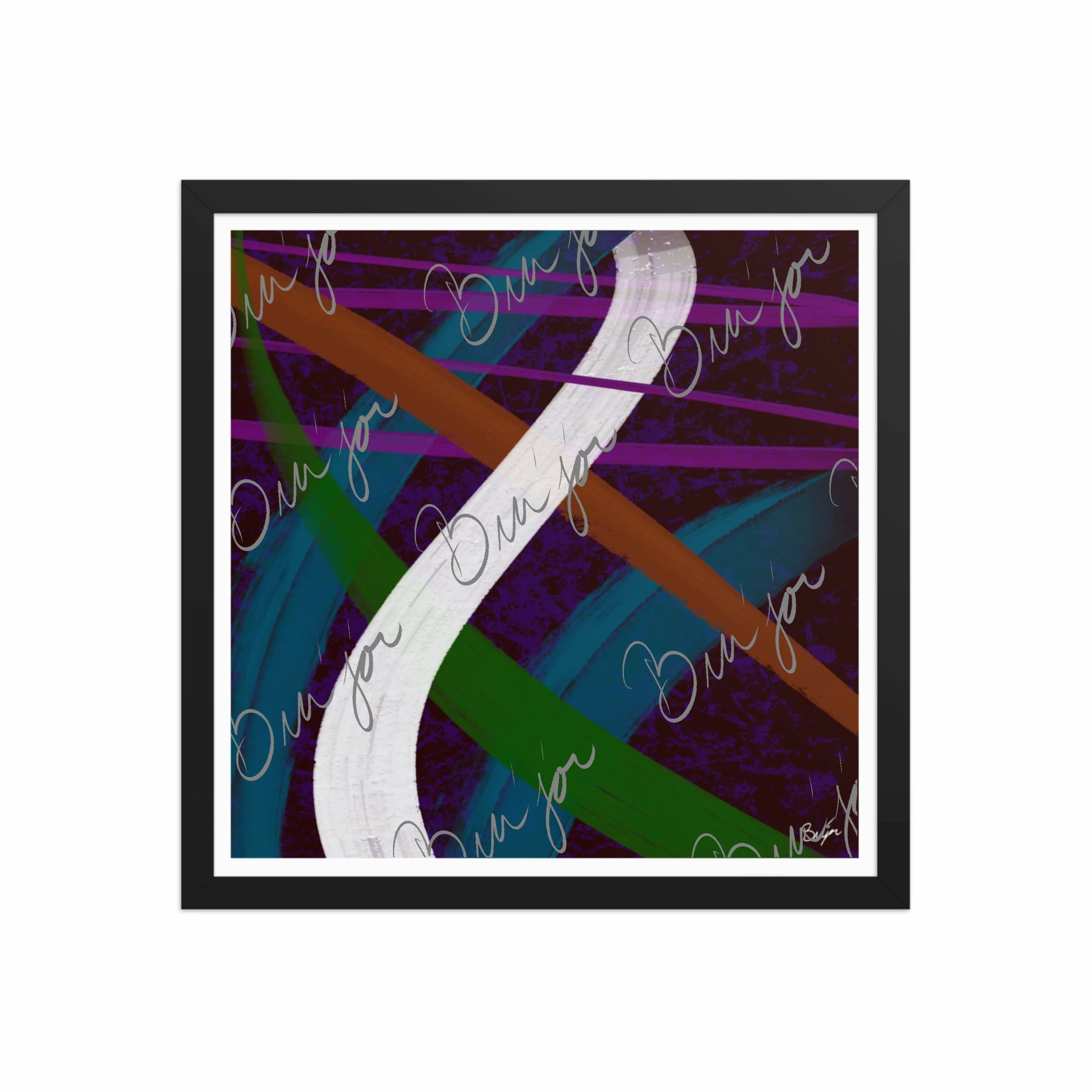 16x16 Black Framed Abstract artwork titled Adventures designed by the digital abstract artist Bra'jor. Artwork includes the colors Purple, Blue, Orange, and White