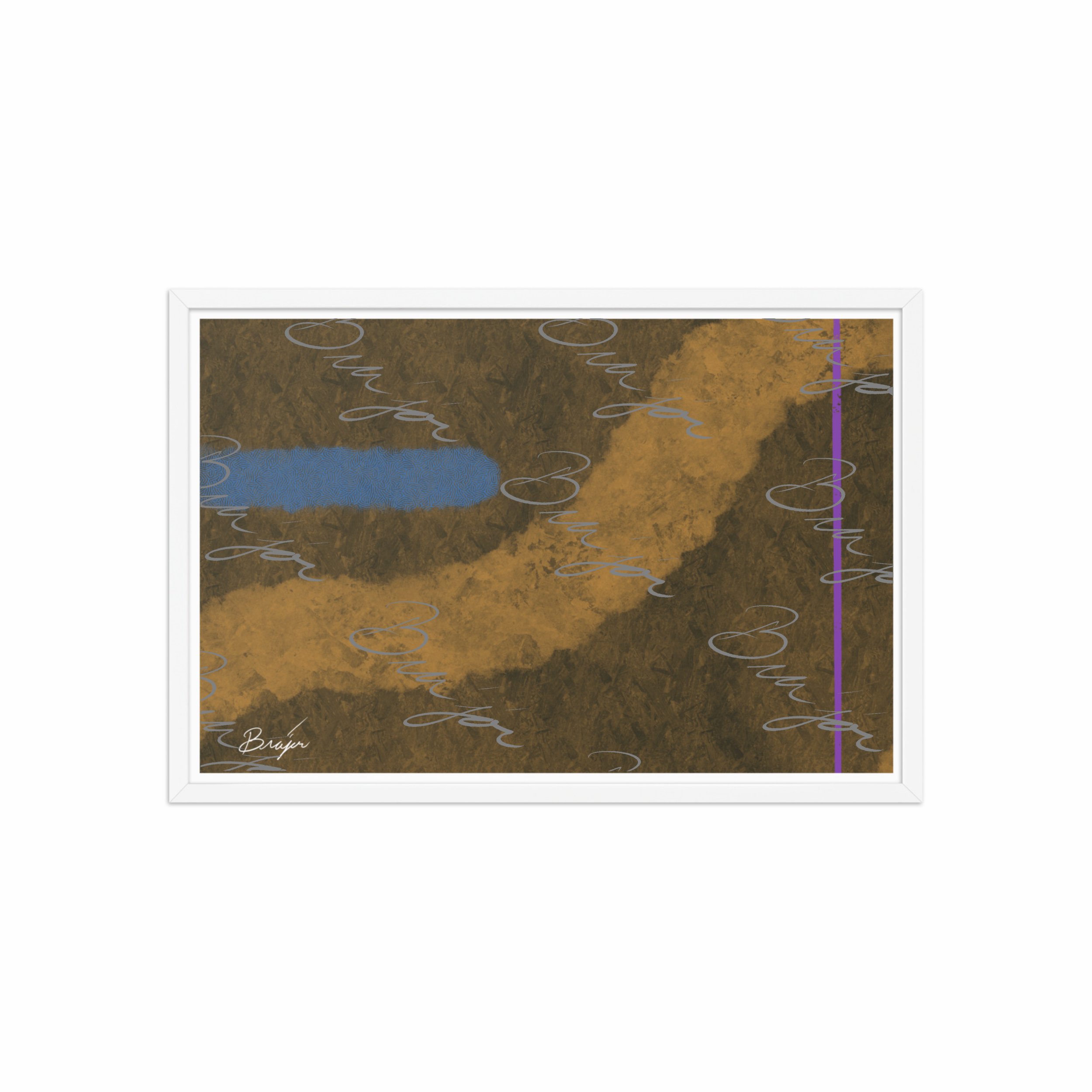 20x30 White Framed abstract artwork titled Gentle designed by the digital abstract artist Bra'jor. Artwork includes the colors Blue, Brown, Tan, Dark Green, and Purple