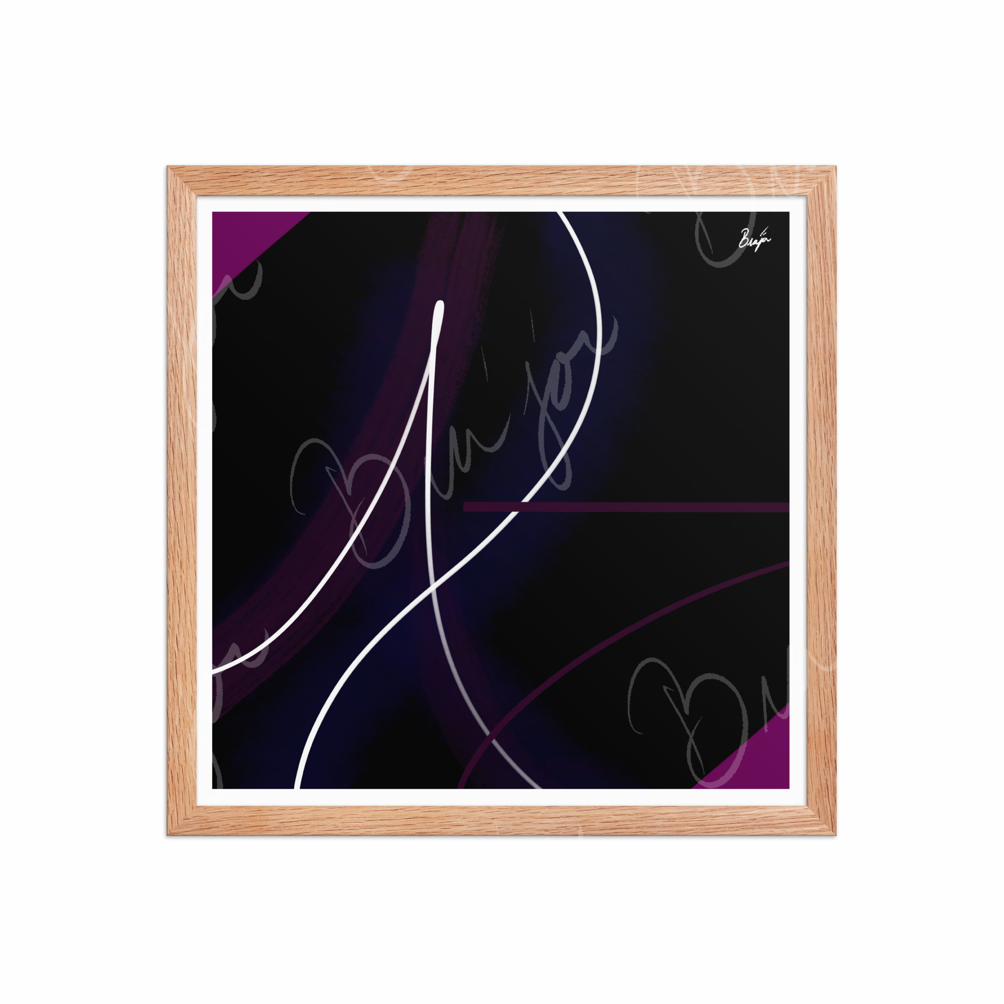 16x16 Red Oak Framed Abstract artwork titled Poised designed by the digital abstract artist Bra'jor. Artwork includes the colors Purple, Pink, Blue, and White