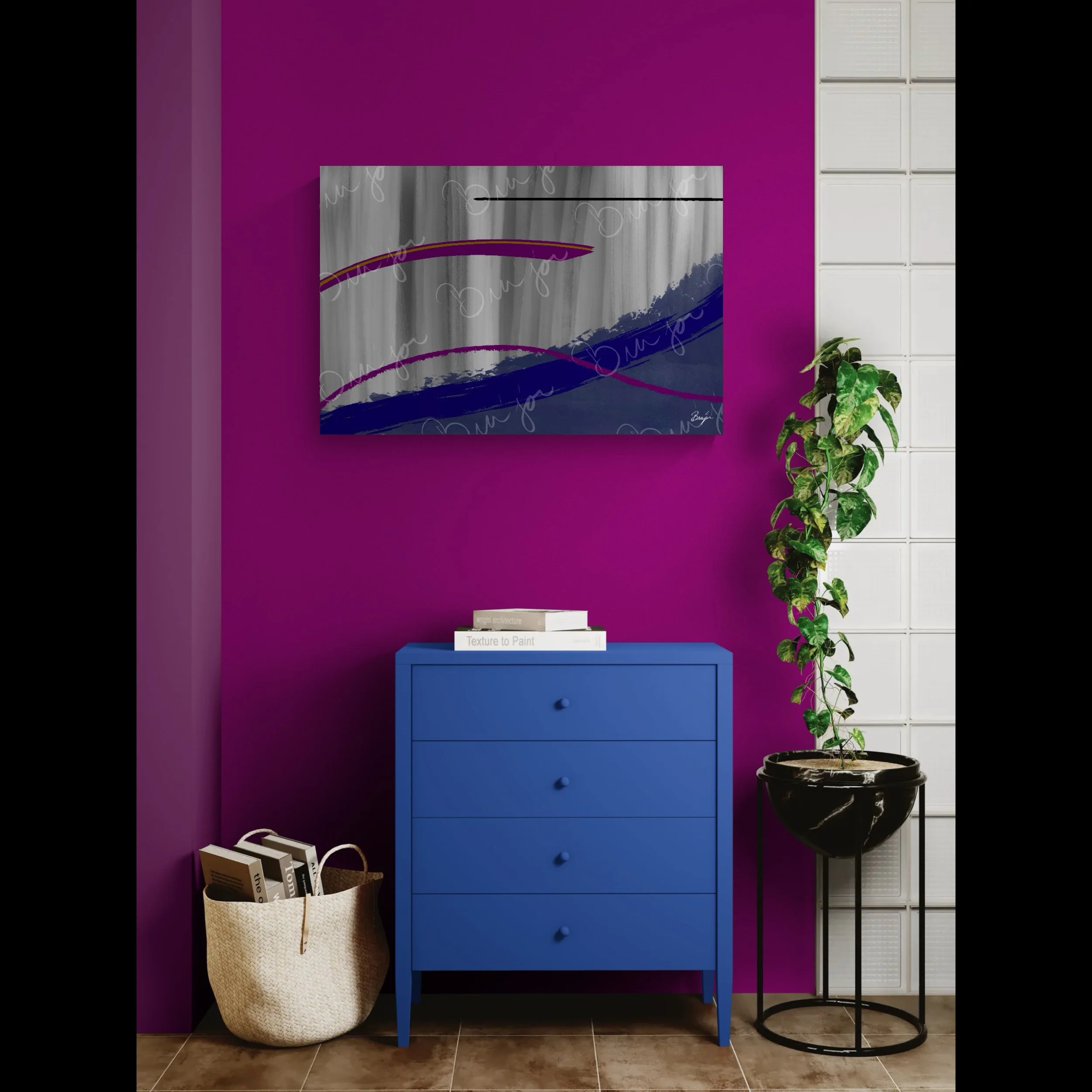 Canvas Abstract artwork titled Reworking designed by the digital abstract artist Bra'jor. Artwork includes the colors Purple, Gray, Blue, Mustard Yellow, and Black