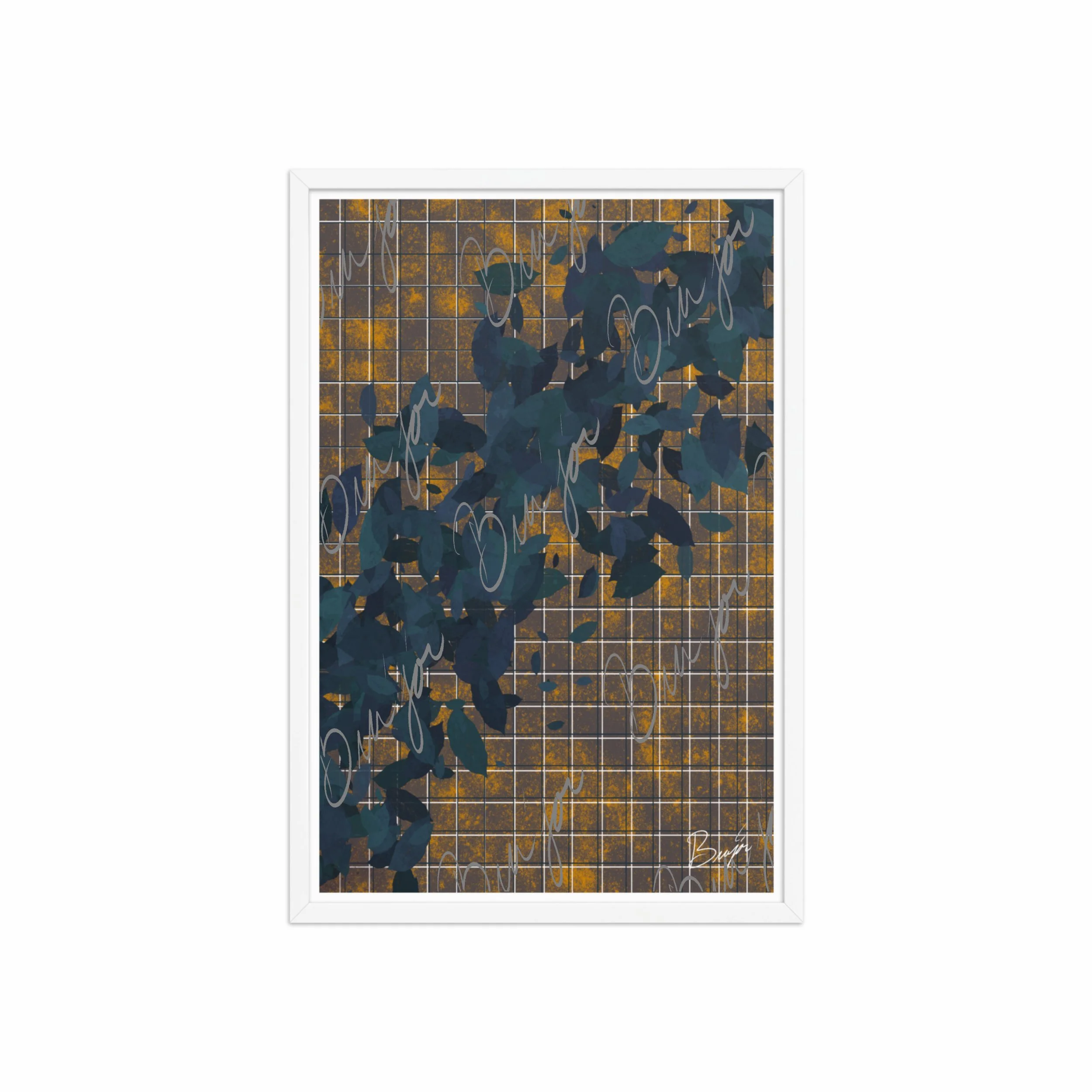 20x30 White Framed abstract artwork titled Changes designed by the digital abstract artist Bra'jor. Artwork includes the colors Blue in different dark shades, Orange, White, and Black