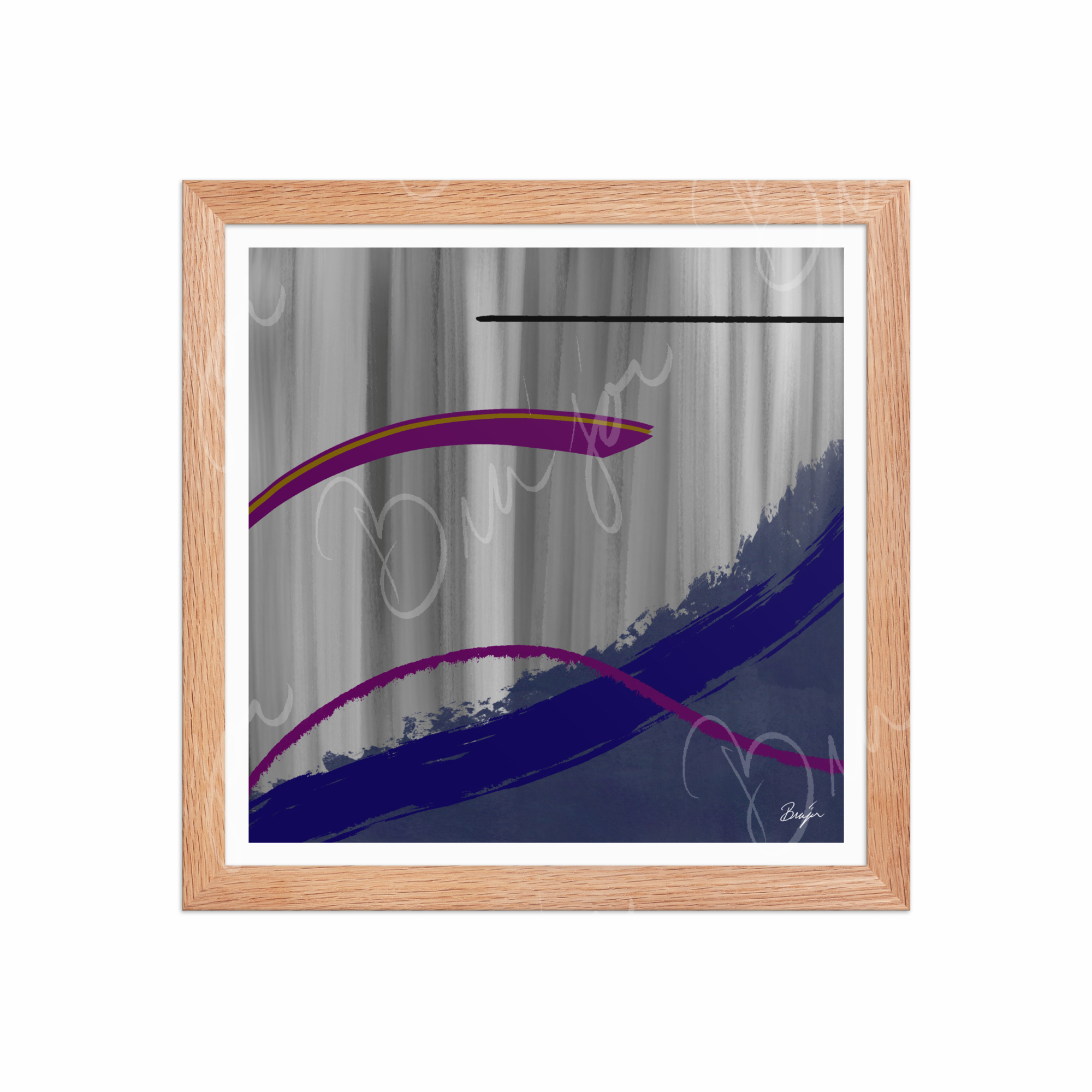 12x12 Red Oak Framed Abstract artwork titled Reworking designed by the digital abstract artist Bra'jor. Artwork includes the colors Purple, Gray, Blue, Mustard Yellow, and Black