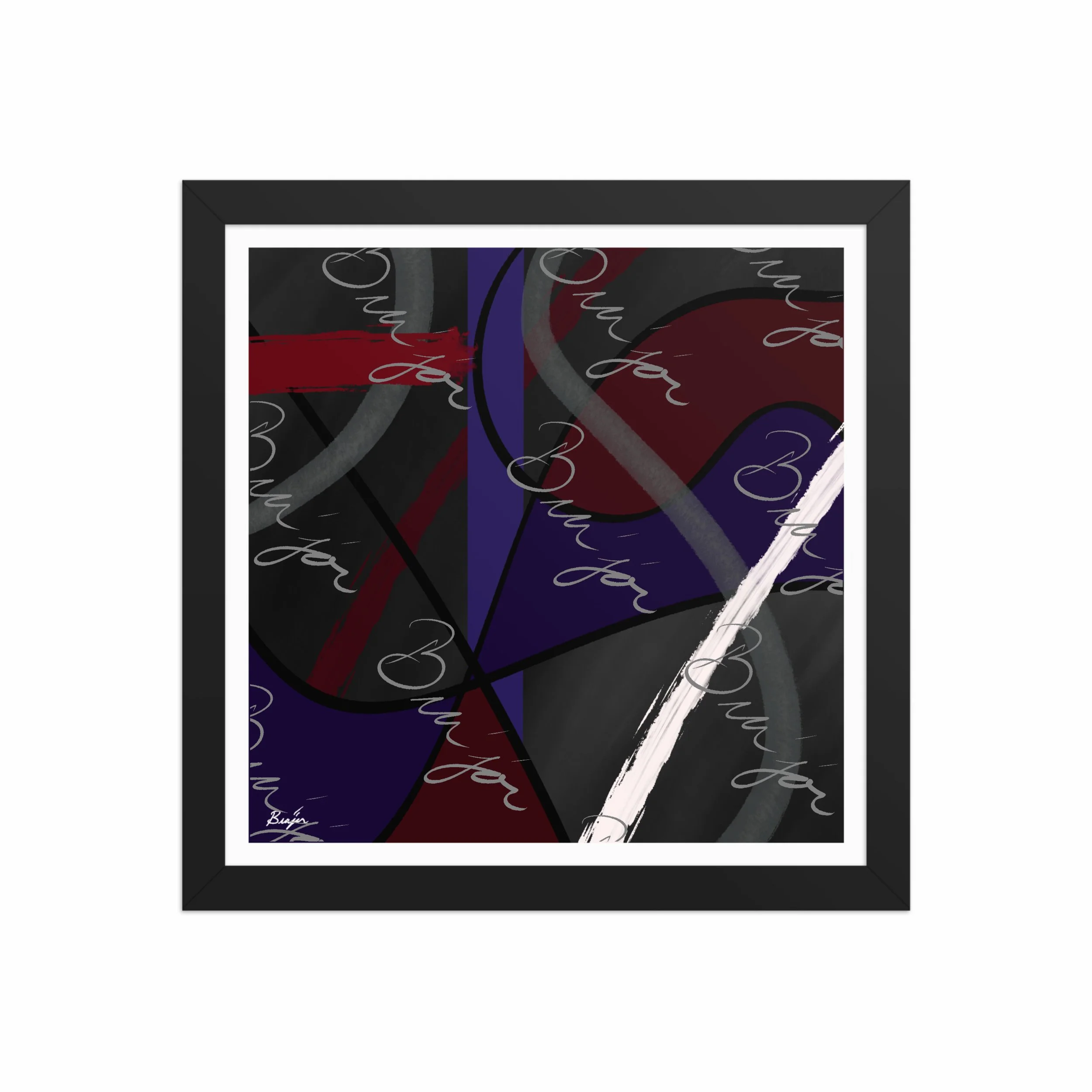 12x12 Black Framed Abstract artwork titled Different designed by the digital abstract artist Bra'jor. Artwork includes the colors Purple, Blue, Red, Gray, and Black