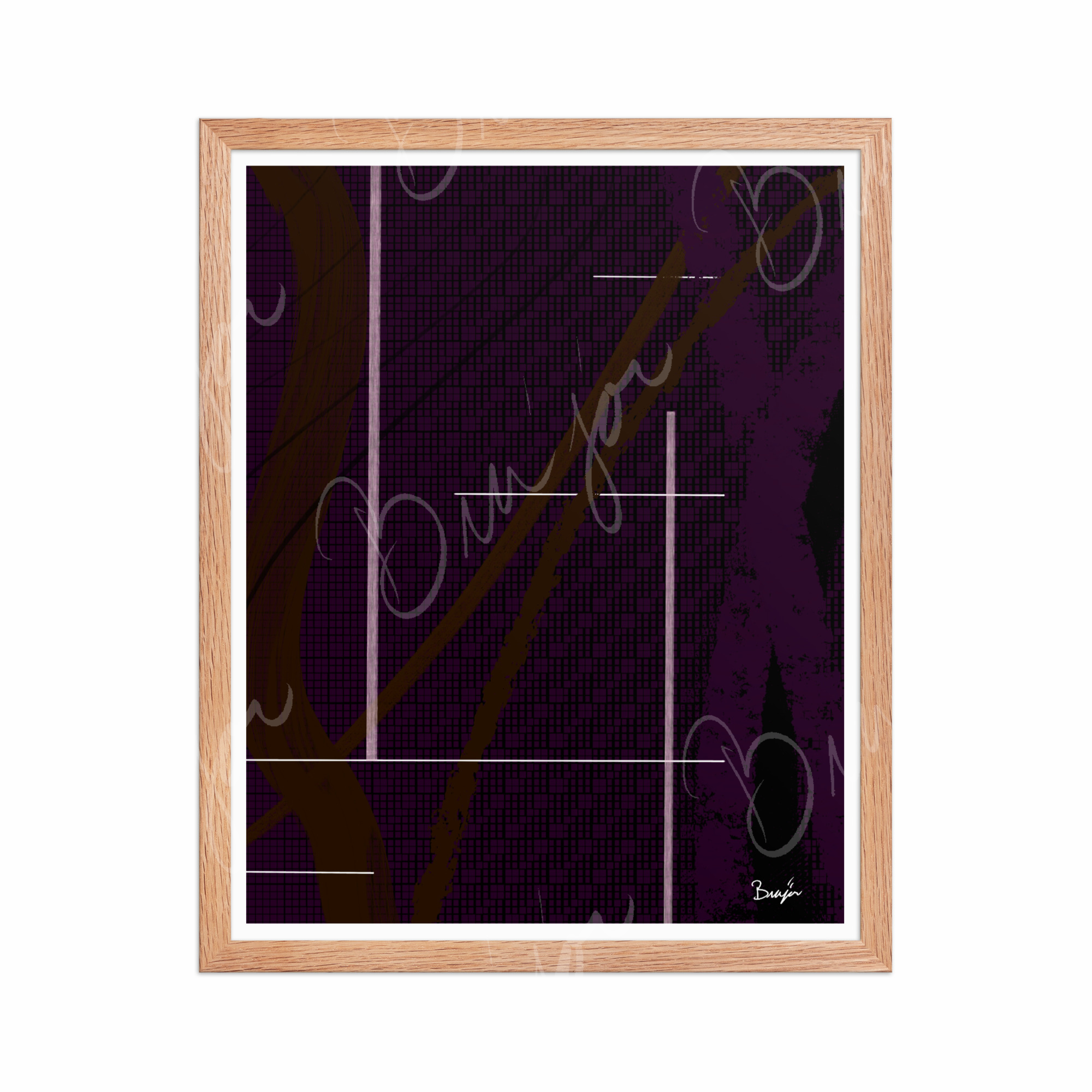 16x20 Red Oak Framed Abstract artwork titled Out of the Box designed by the digital abstract artist Bra'jor. Artwork includes the colors Purple, Brown, Black, and White