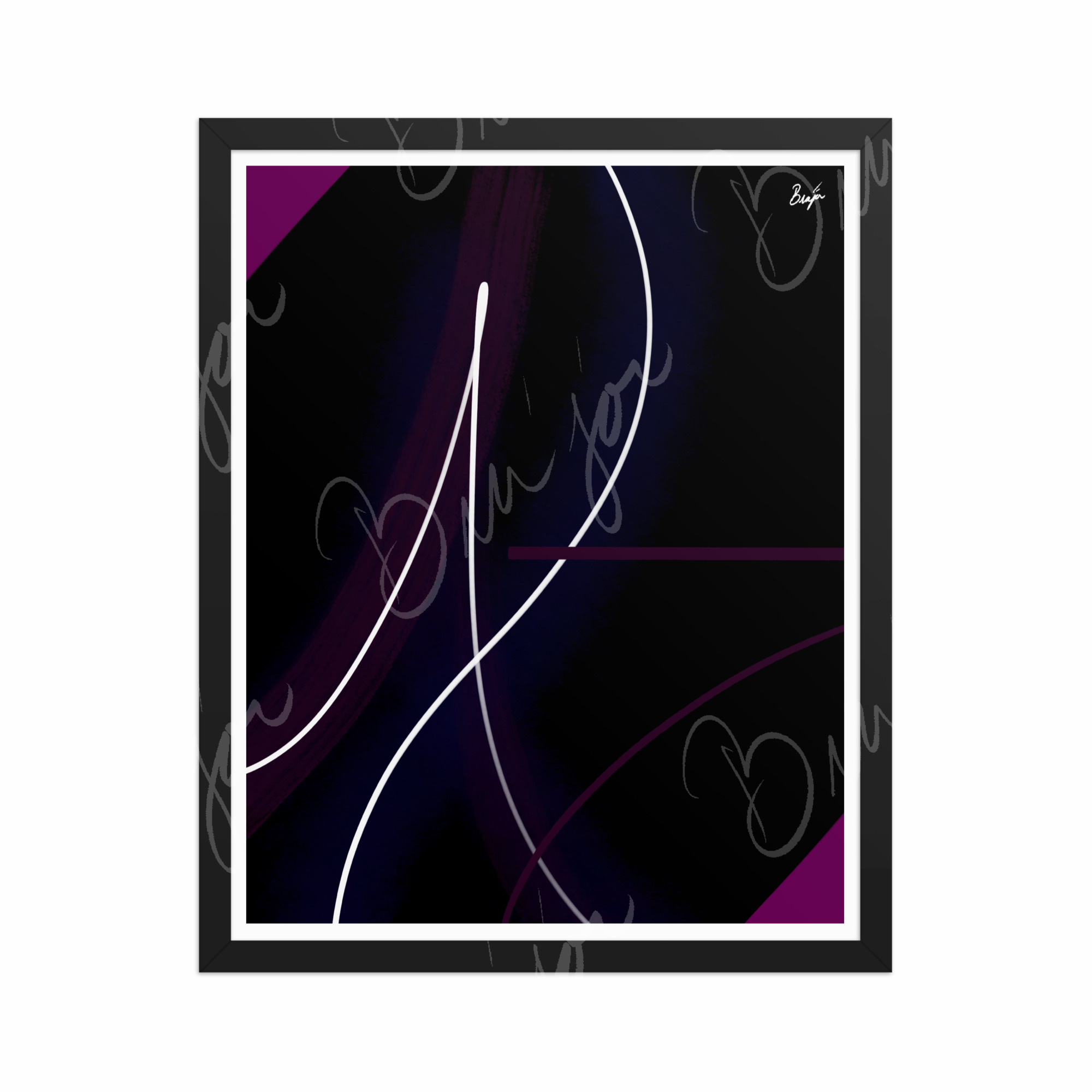 16x20 Black Framed Abstract artwork titled Poised designed by the digital abstract artist Bra'jor. Artwork includes the colors Purple, Pink, Blue, and White
