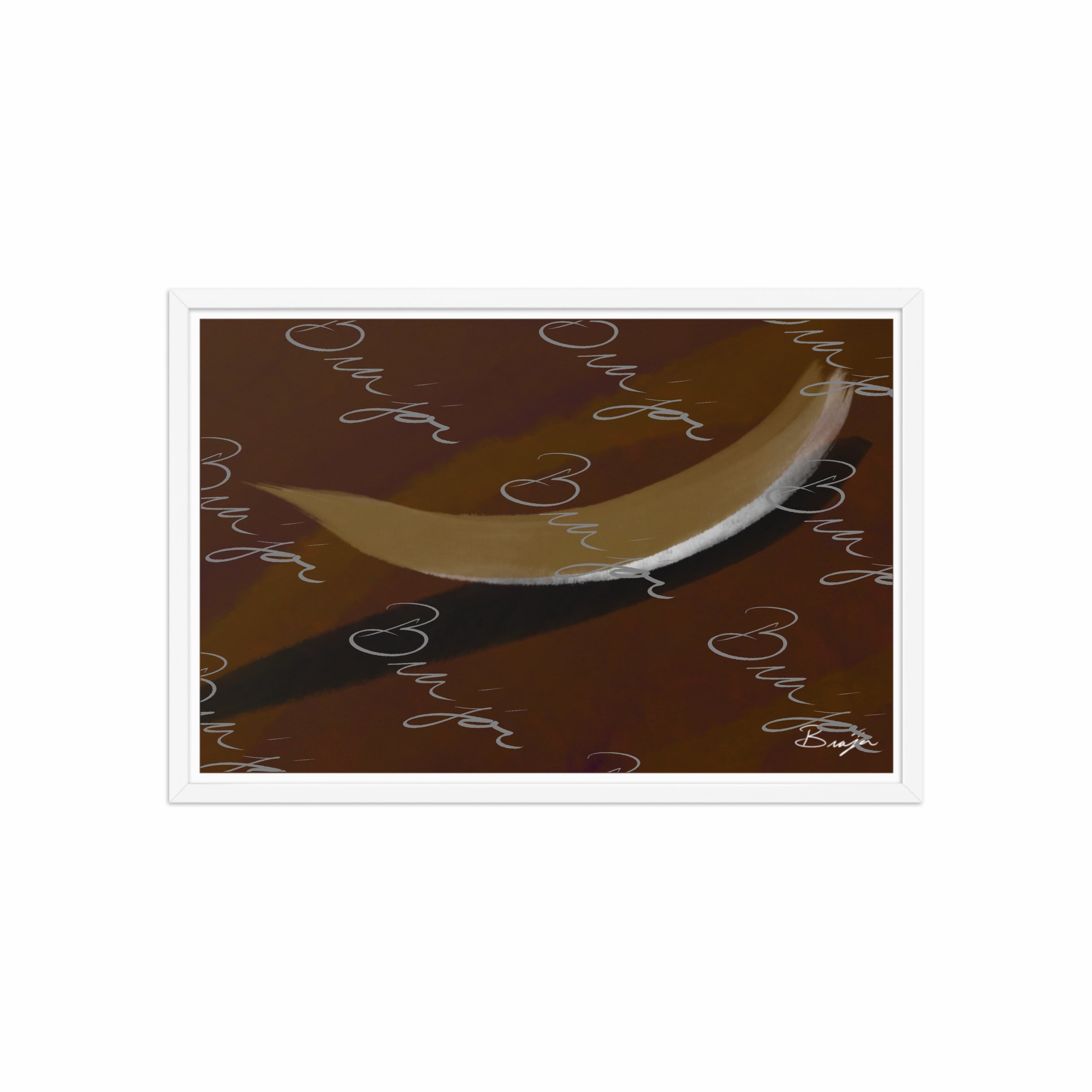 20x30 White Framed abstract artwork titled Always There designed by the digital abstract artist Bra'jor. Artwork includes the colors Brown, Tan, White, and Black with a Purple undertone