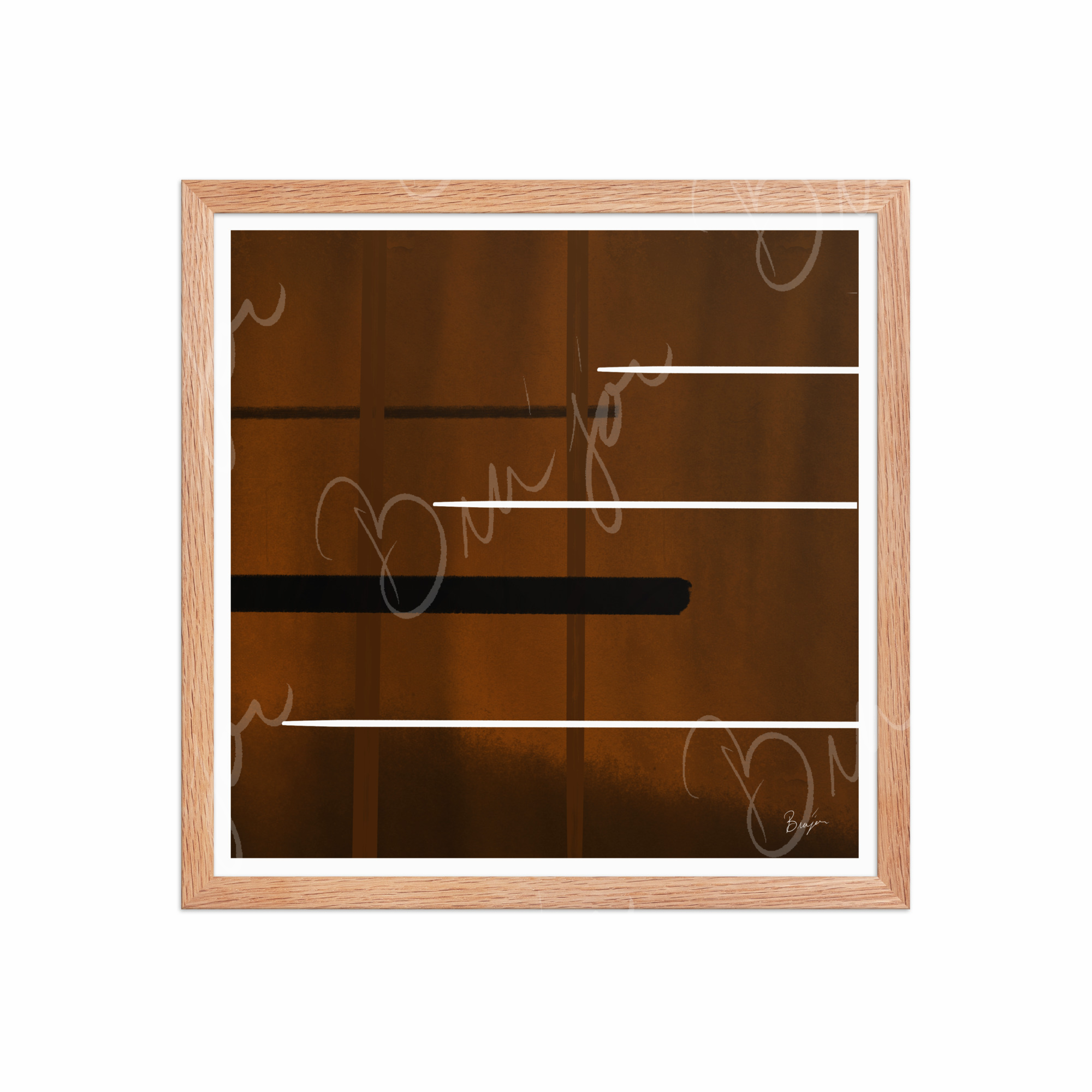 16x16 Red Oak Framed Abstract artwork titled Steps designed by the digital abstract artist Bra'jor. Artwork includes the colors Brown, Black, and White