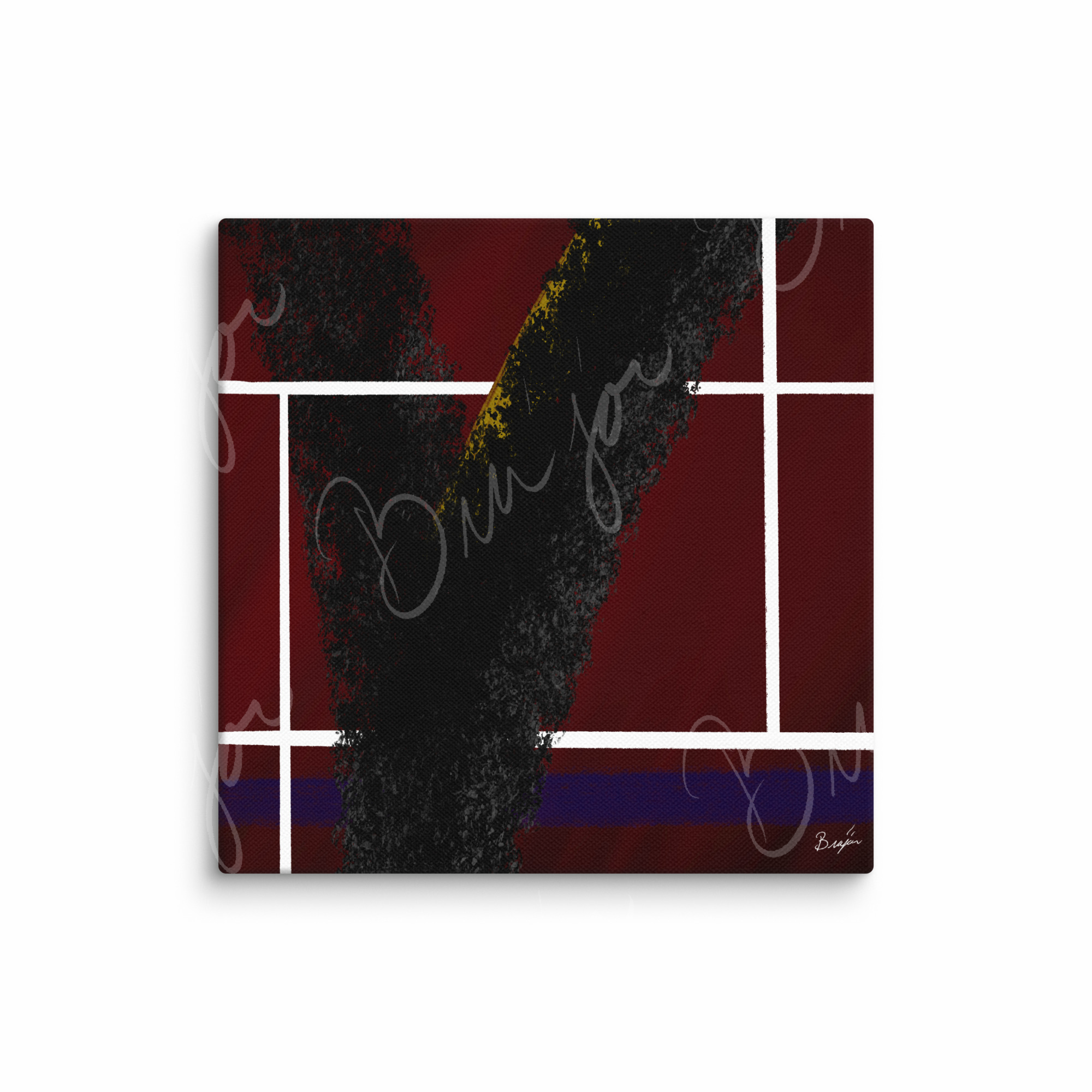 12x12 Canvas Abstract artwork titled Step Out designed by the digital abstract artist Bra'jor. Artwork includes the colors Red, White, Black, Yellow, and Blue