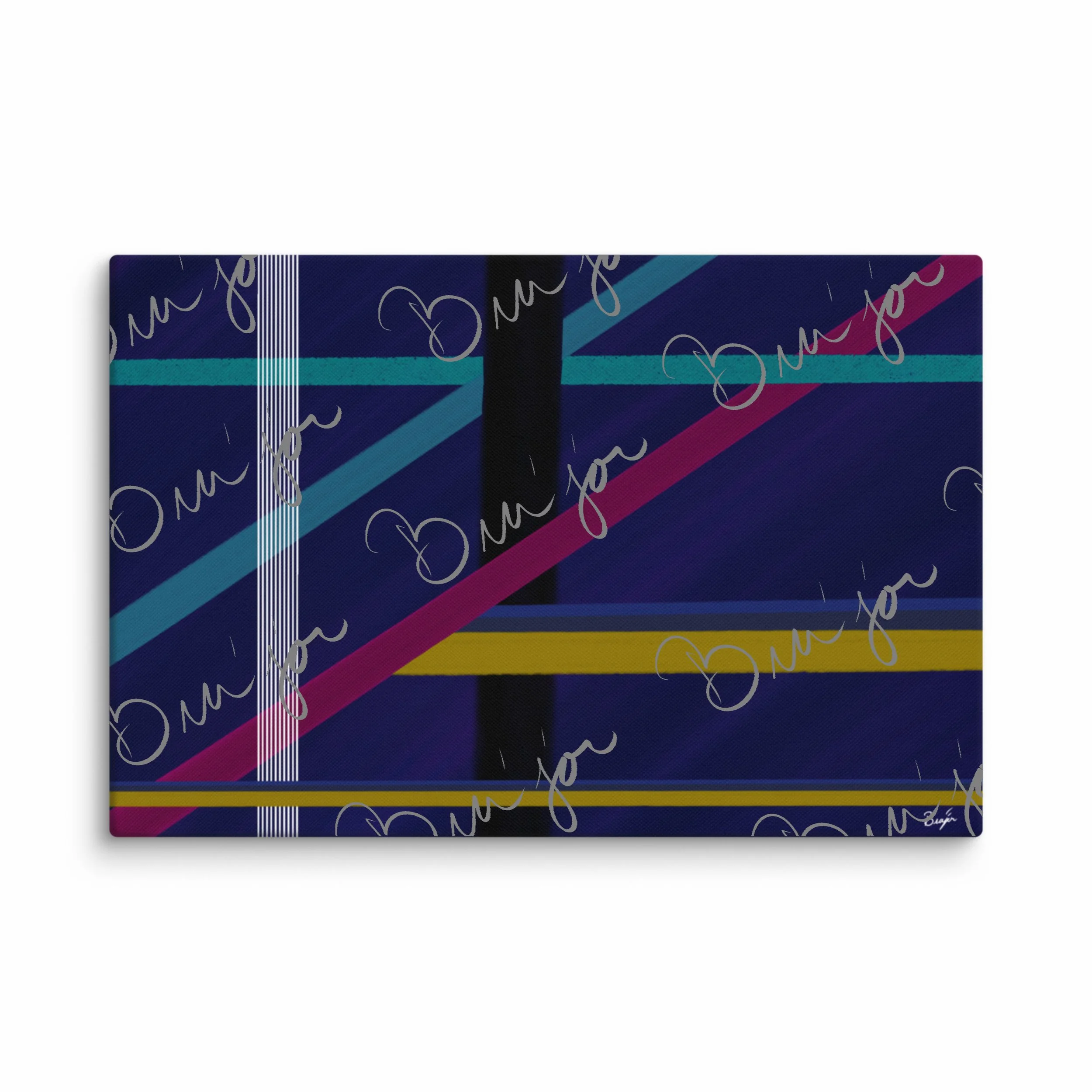 20x30 Canvas Abstract artwork titled Destinations designed by the digital abstract artist Bra'jor. Artwork includes the colors Black, Blue, Yellow, Pink, and White