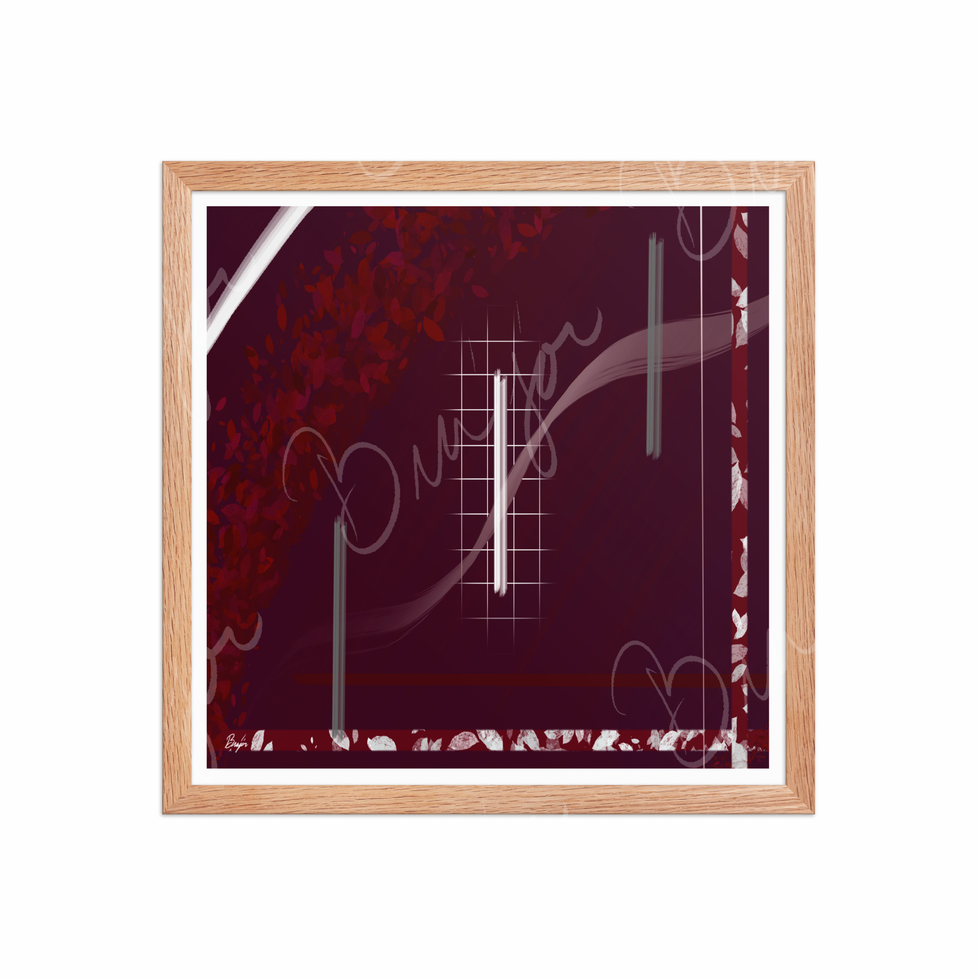 16x16 Red Oak Framed Abstract artwork titled Shine designed by the digital abstract artist Bra'jor. Artwork includes the colors Red, Gray, Maroon, White, and Soft Pink