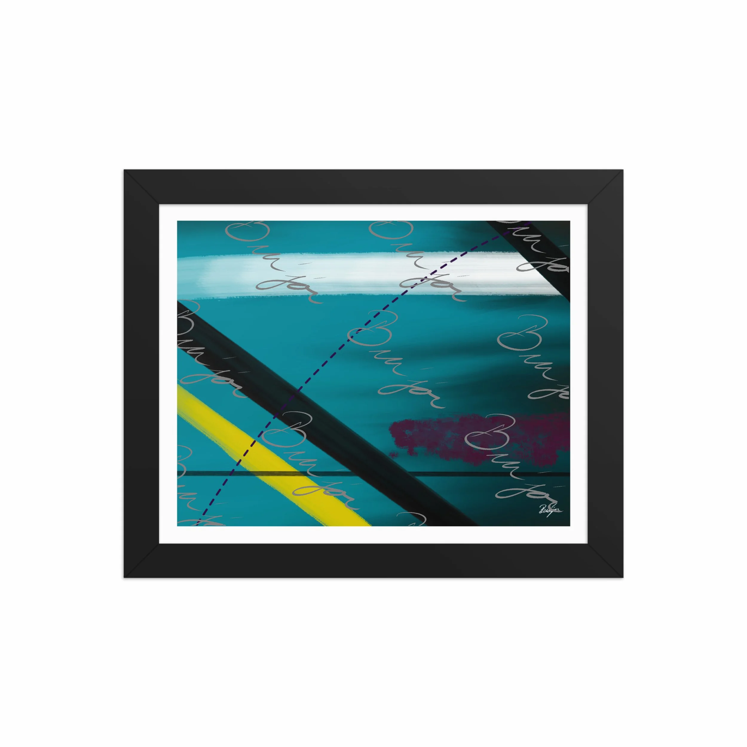 8x10 Black Framed Abstract artwork titled First designed by the digital abstract artist Bra'jor. Artwork includes the colors Blue, Yellow, Black, Purple, and White