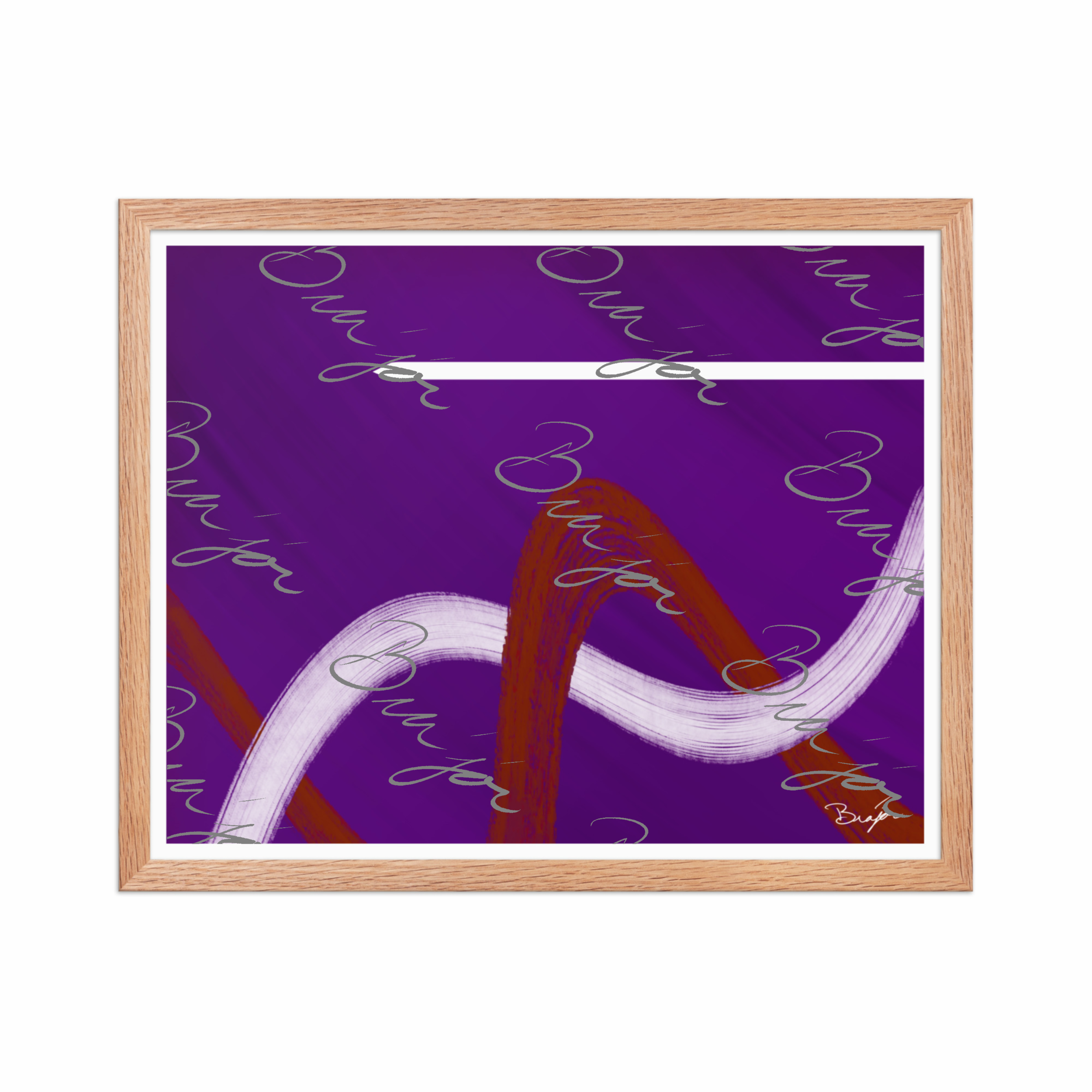 16x20 Red Oak Framed abstract artwork titled Quiet designed by the digital abstract artist Bra'jor. Artwork includes the colors Purple, Red, and White