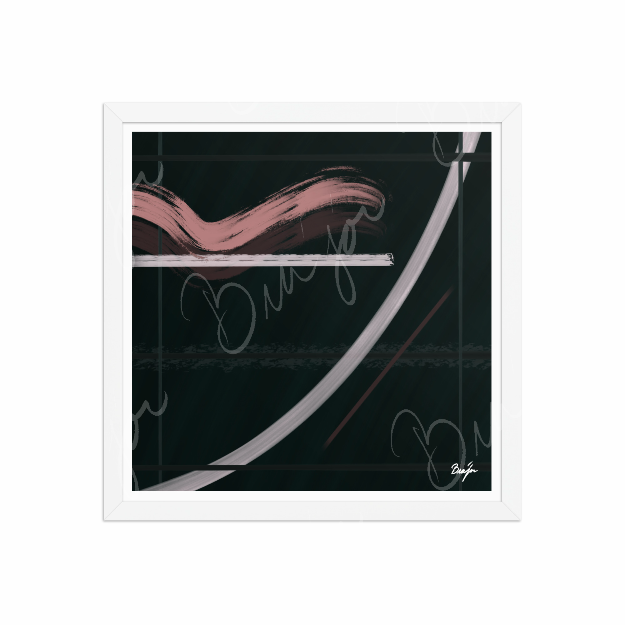 16x16 White Framed Abstract artwork titled Together designed by the digital abstract artist Bra'jor. Artwork includes the colors Brown, Pink, Green, and White