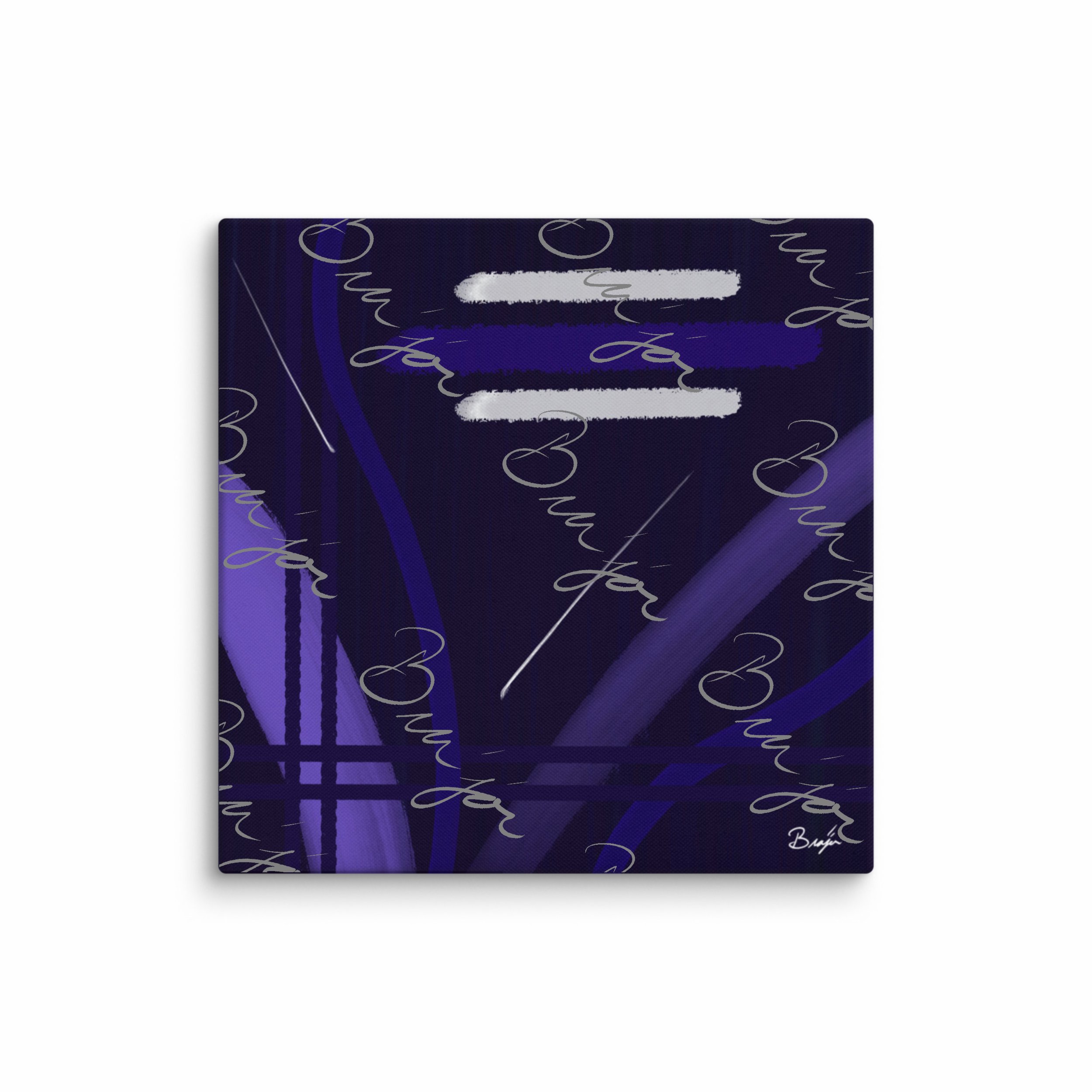 32x32 XL Canvas abstract artwork titled Beneath designed by the digital abstract artist Bra'jor. Artwork includes the colors Blue, White, Purple, and Navy