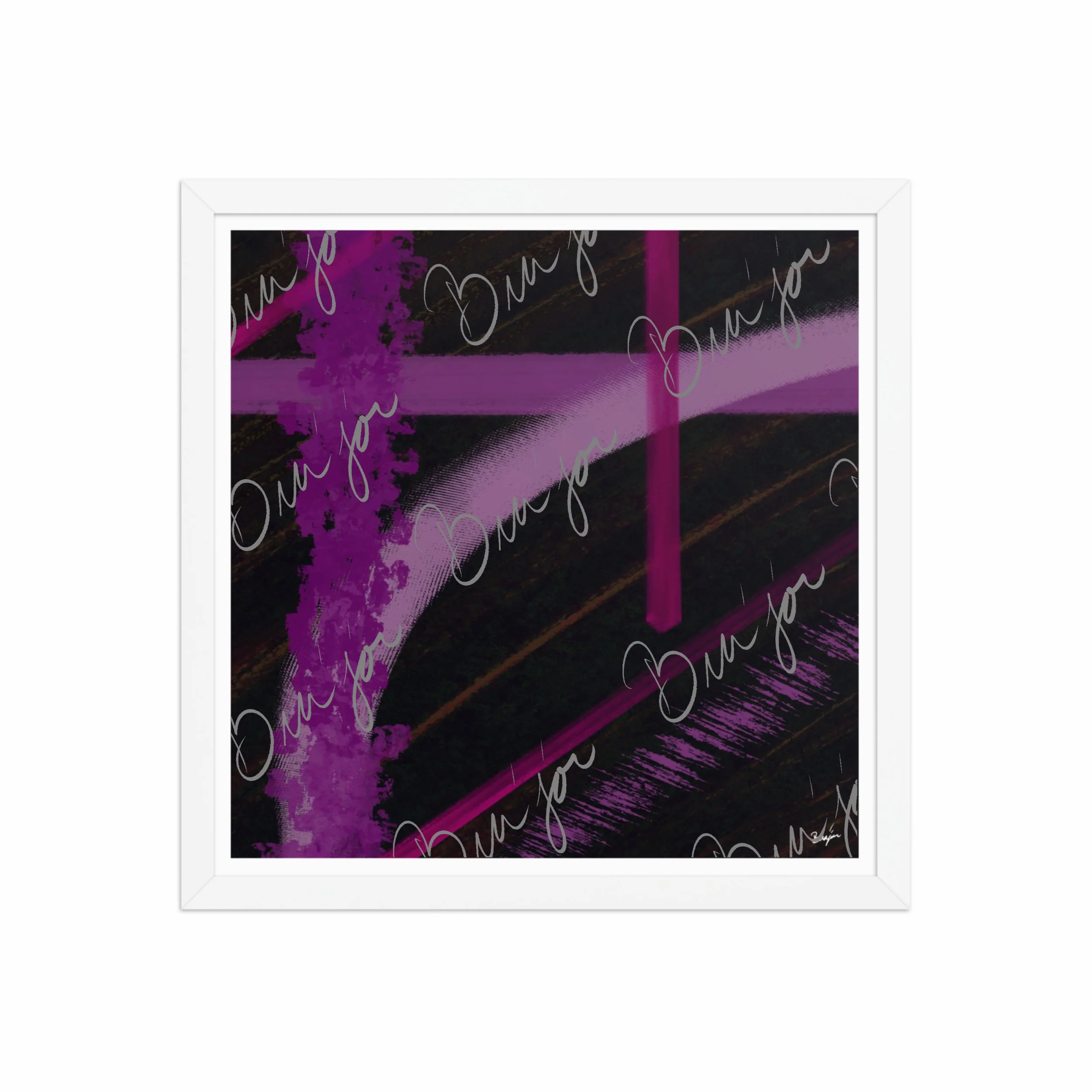 16x16 White Framed Abstract artwork titled Be Soft designed by the digital abstract artist Bra'jor. Artwork includes the colors Purple, Lavender, Pink, Orange, and Black