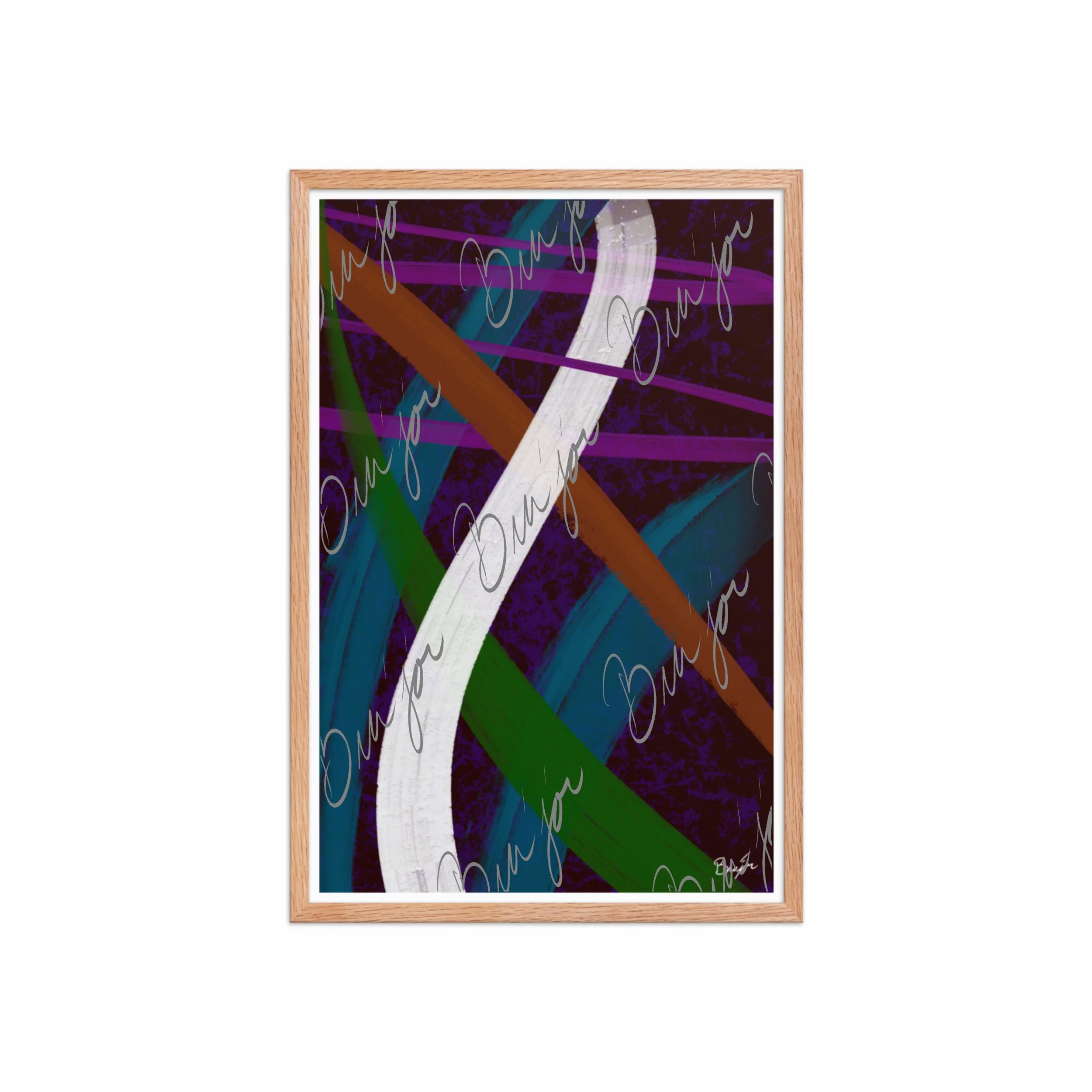 20x30 Red Oak Framed Abstract artwork titled Adventures designed by the digital abstract artist Bra'jor. Artwork includes the colors Purple, Blue, Orange, and White