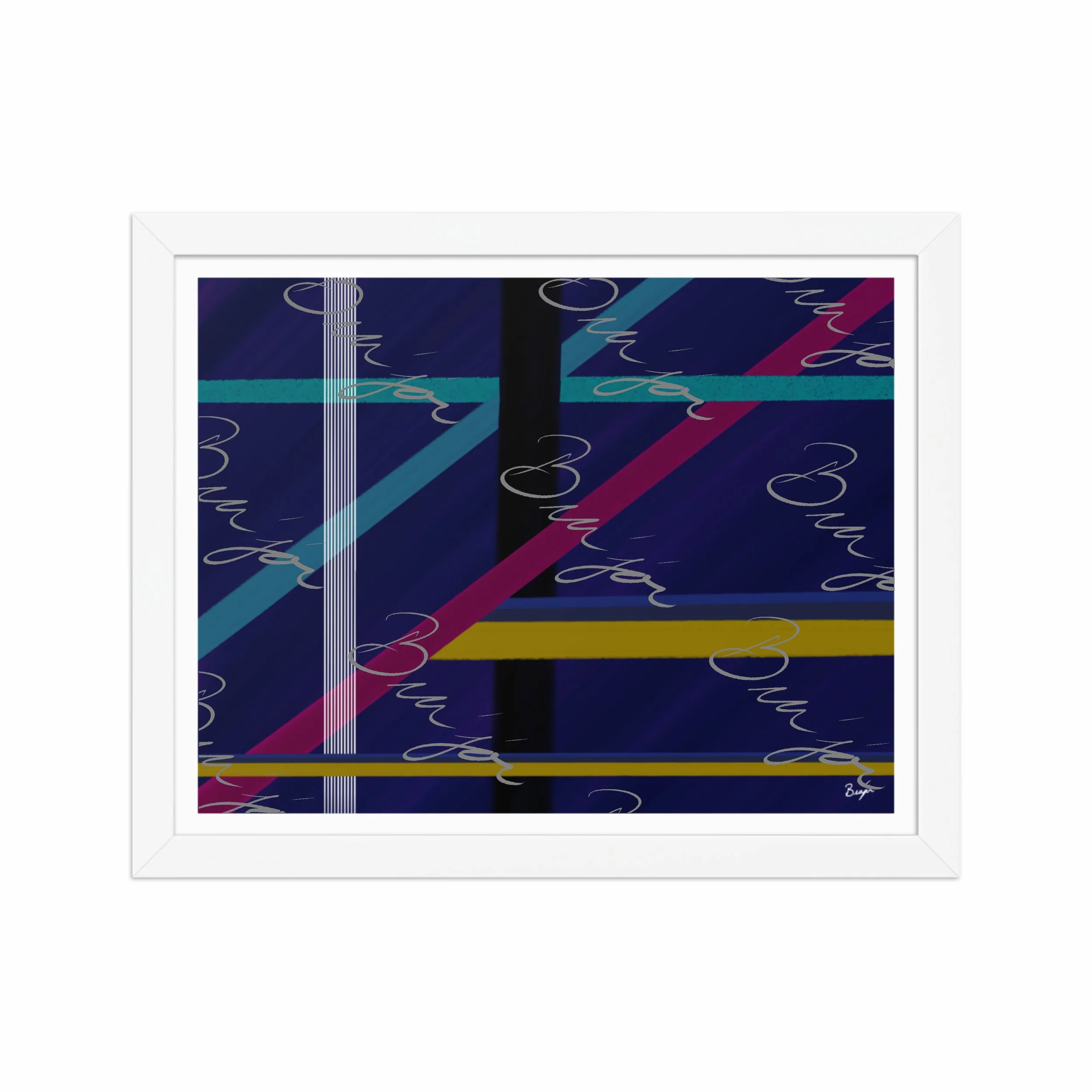 11x14 White Framed Abstract artwork titled Destinations designed by the digital abstract artist Bra'jor. Artwork includes the colors Black, Blue, Yellow, Pink, and White