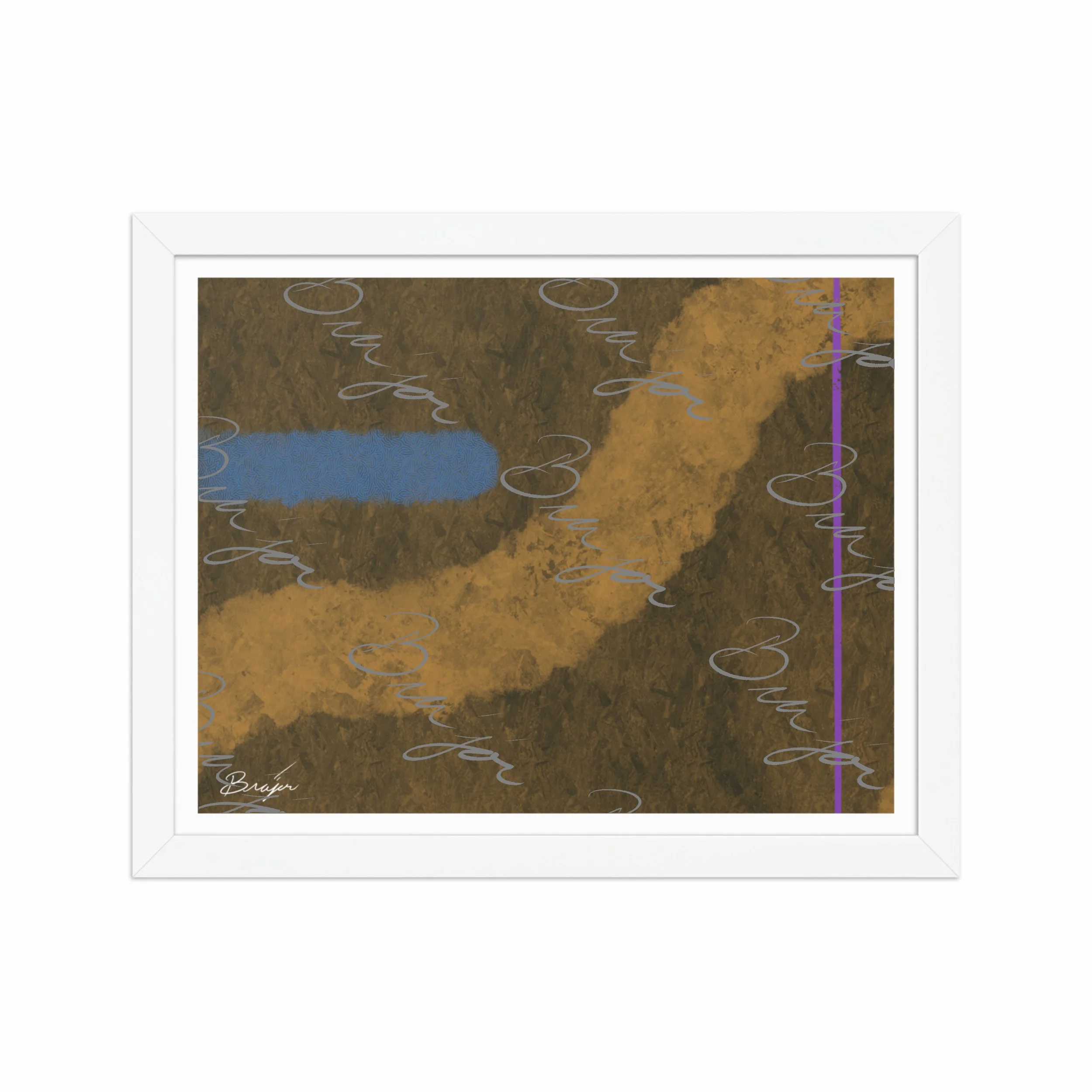 11x14 White Framed abstract artwork titled Gentle designed by the digital abstract artist Bra'jor. Artwork includes the colors Blue, Brown, Tan, Dark Green, and Purple