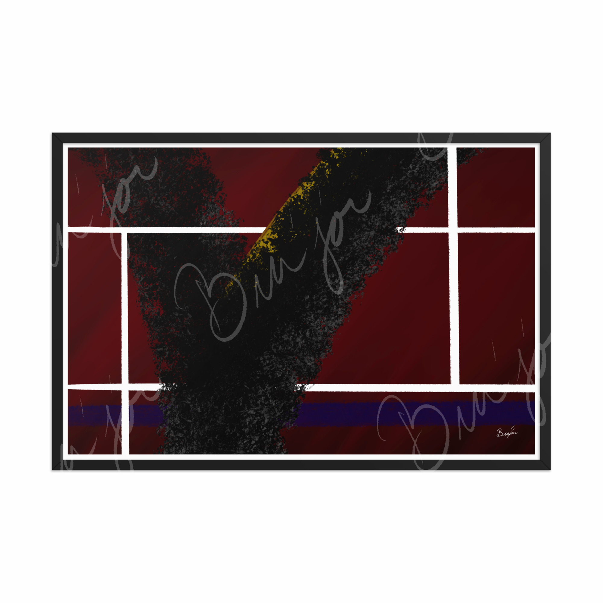 24x36 Black Framed Abstract artwork titled Step Out designed by the digital abstract artist Bra'jor. Artwork includes the colors Red, White, Black, Yellow, and Blue