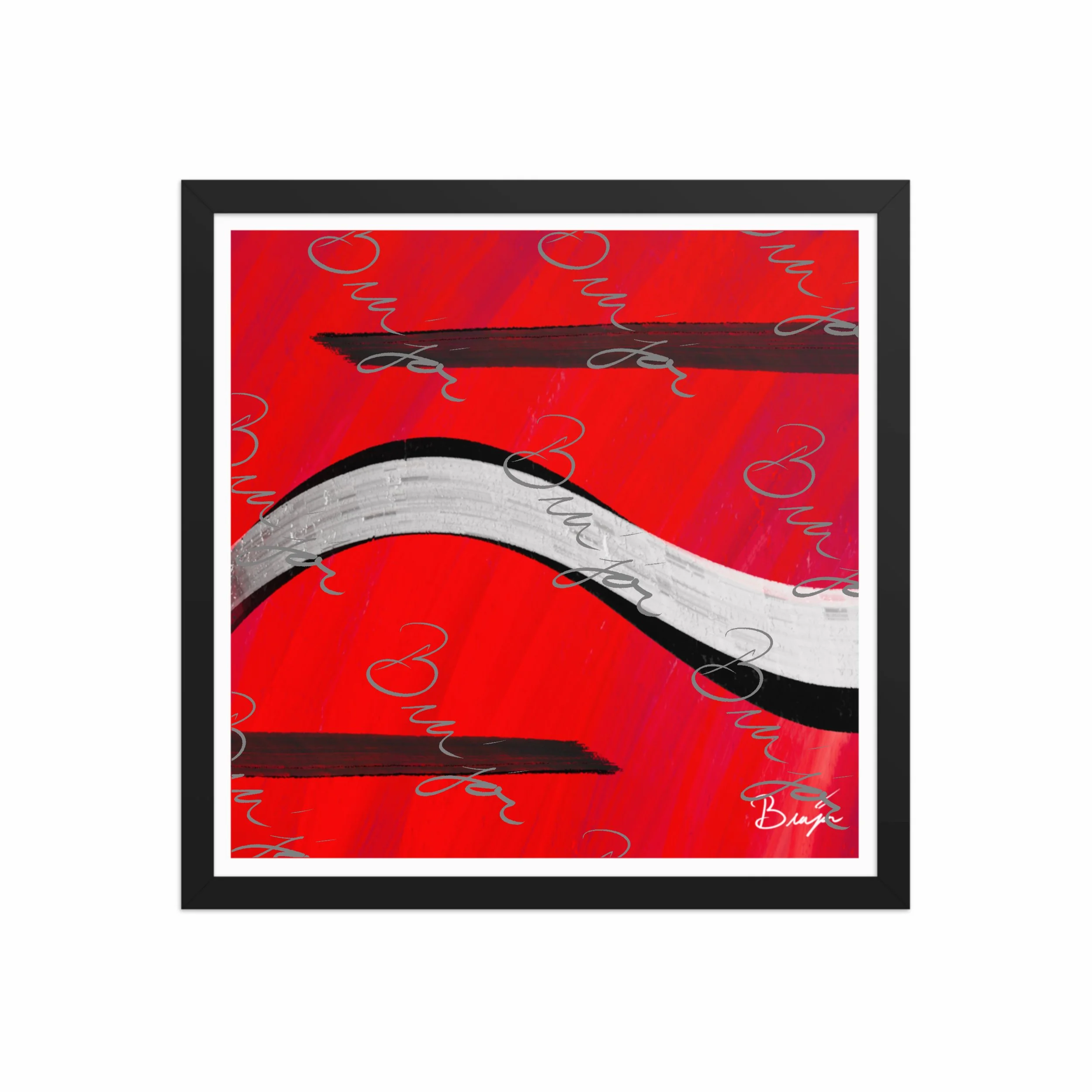 16x16 Black Framed abstract artwork titled Smooth Groove designed by the digital abstract artist Bra'jor. Artwork includes the colors Red, Black, and White
