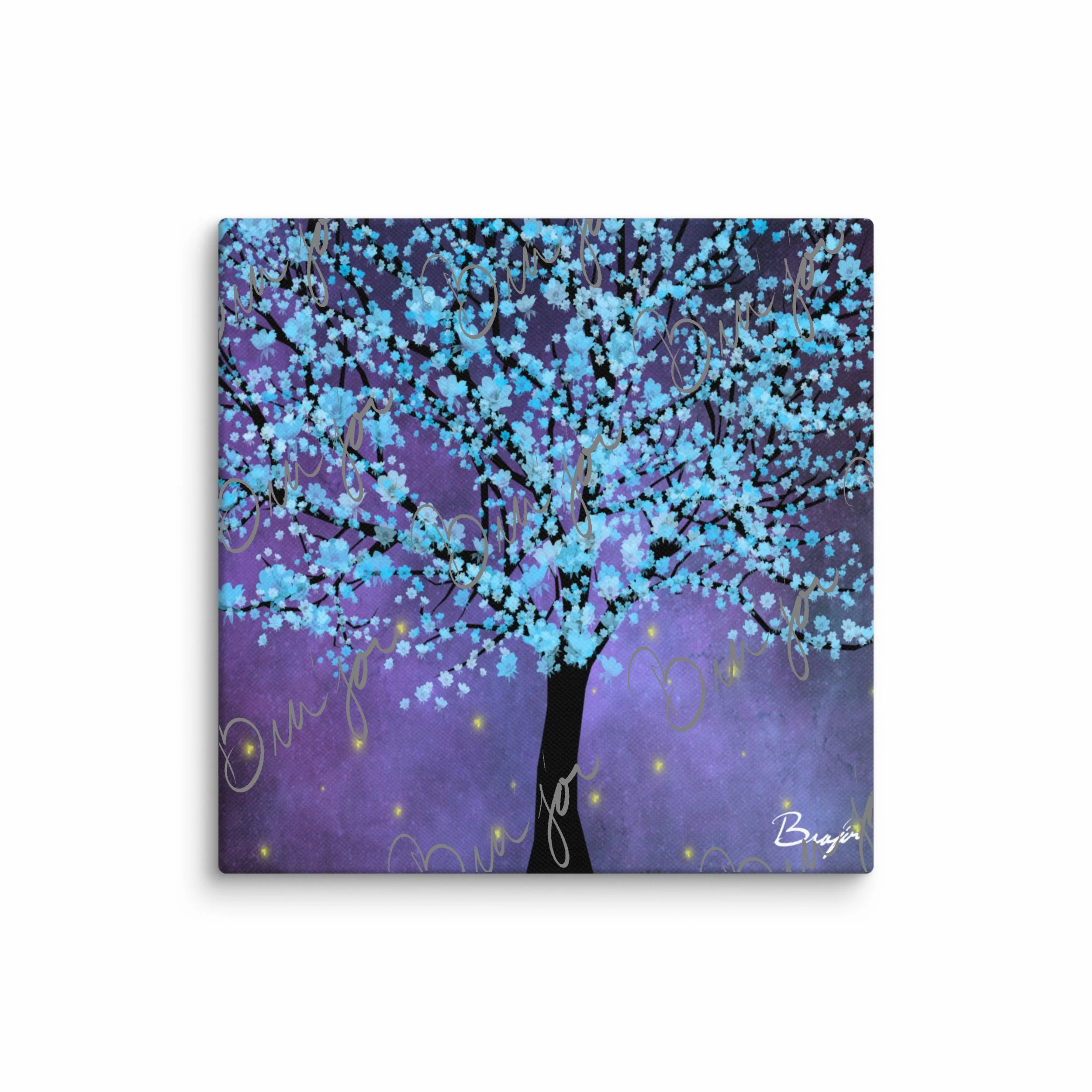 12x12 Abstract canvas artwork titled Midnight Bloom designed by the digital abstract artist Bra'jor. Artwork includes the colors Baby Blue, Blue, Black, Yellow, and White