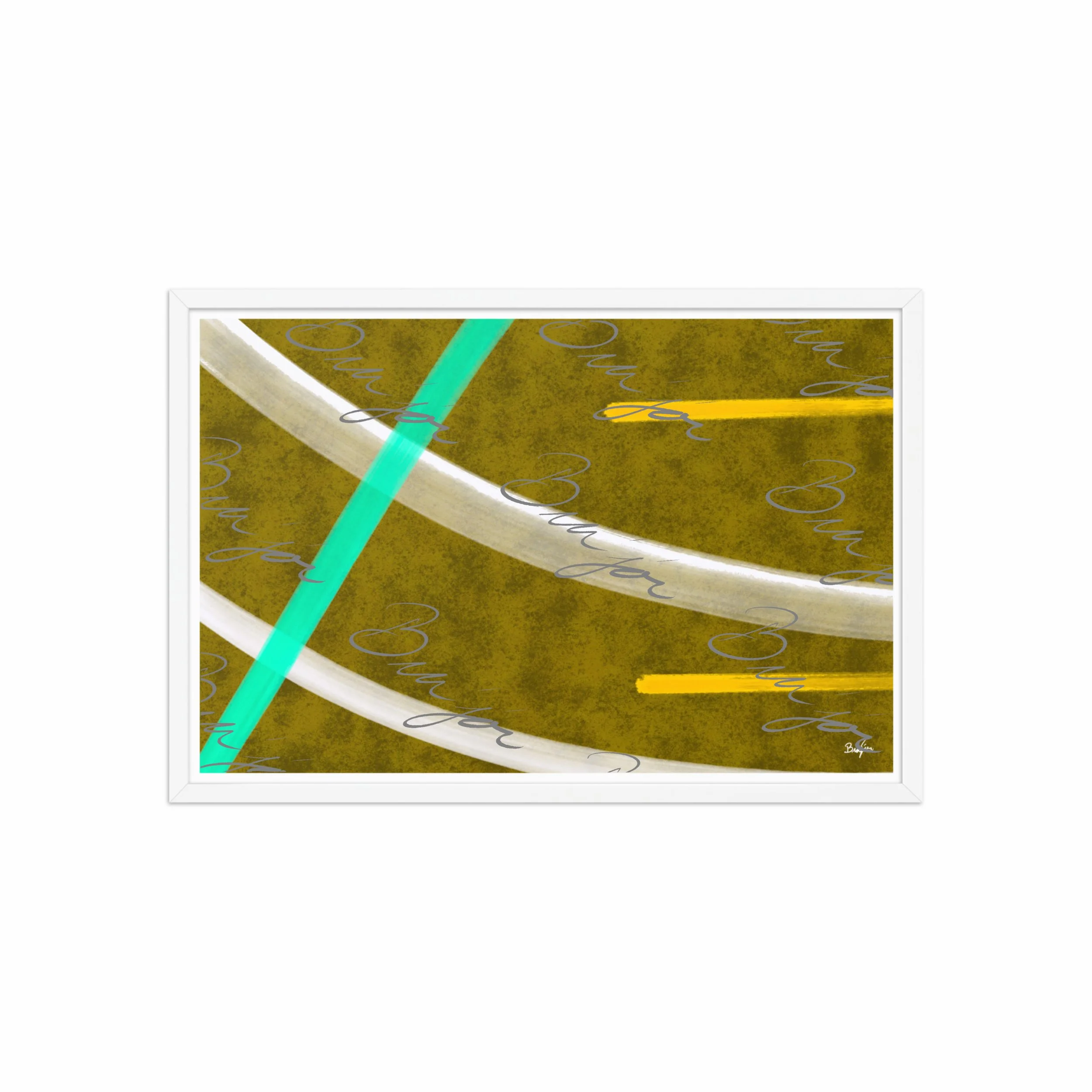 20x30 White Framed Abstract artwork titled Hushed designed by the digital abstract artist Bra'jor. Artwork includes the colors Orange, Yellow, White, and Blue