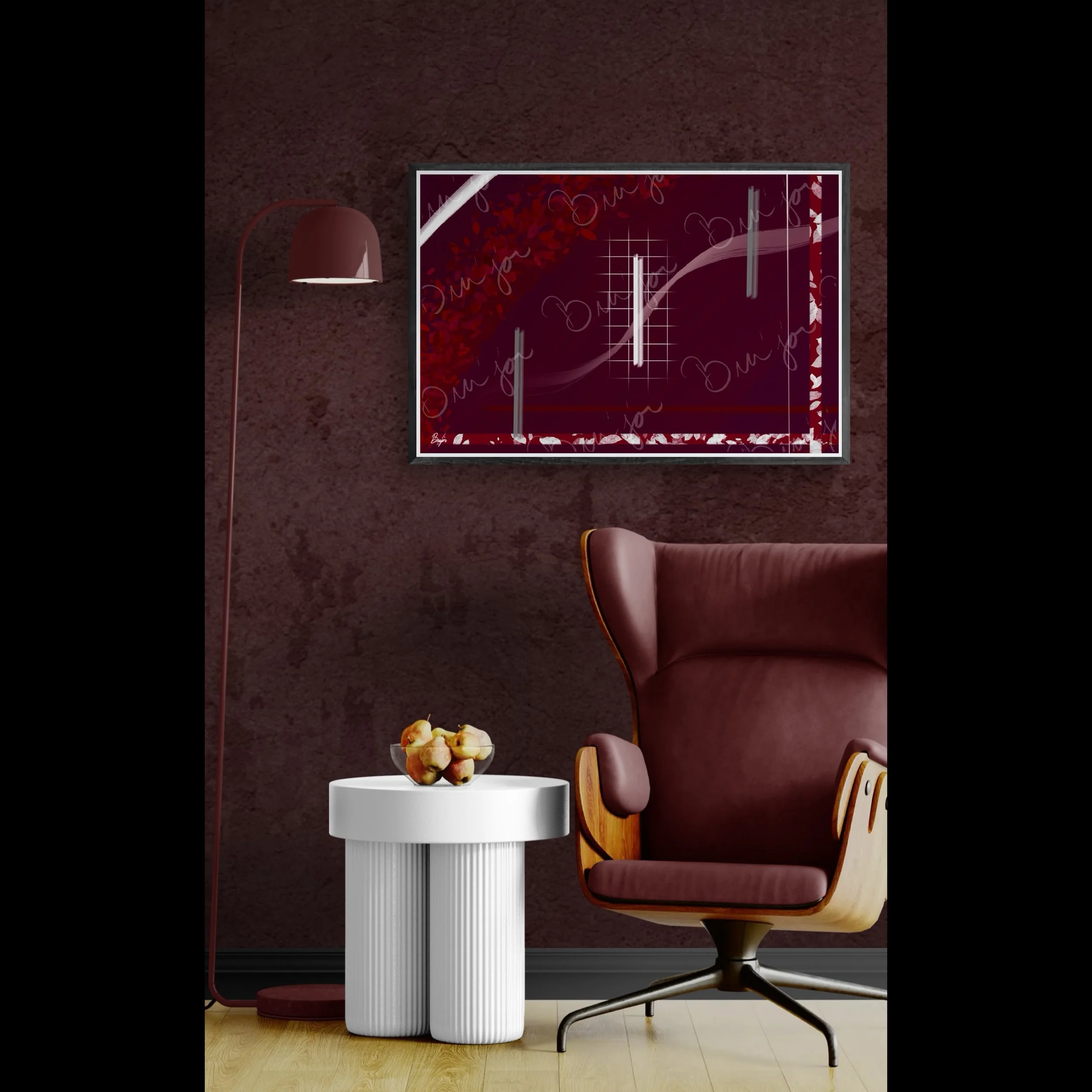 Framed Abstract artwork titled Shine designed by the digital abstract artist Bra'jor. Artwork includes the colors Red, Gray, Maroon, White, and Soft Pink