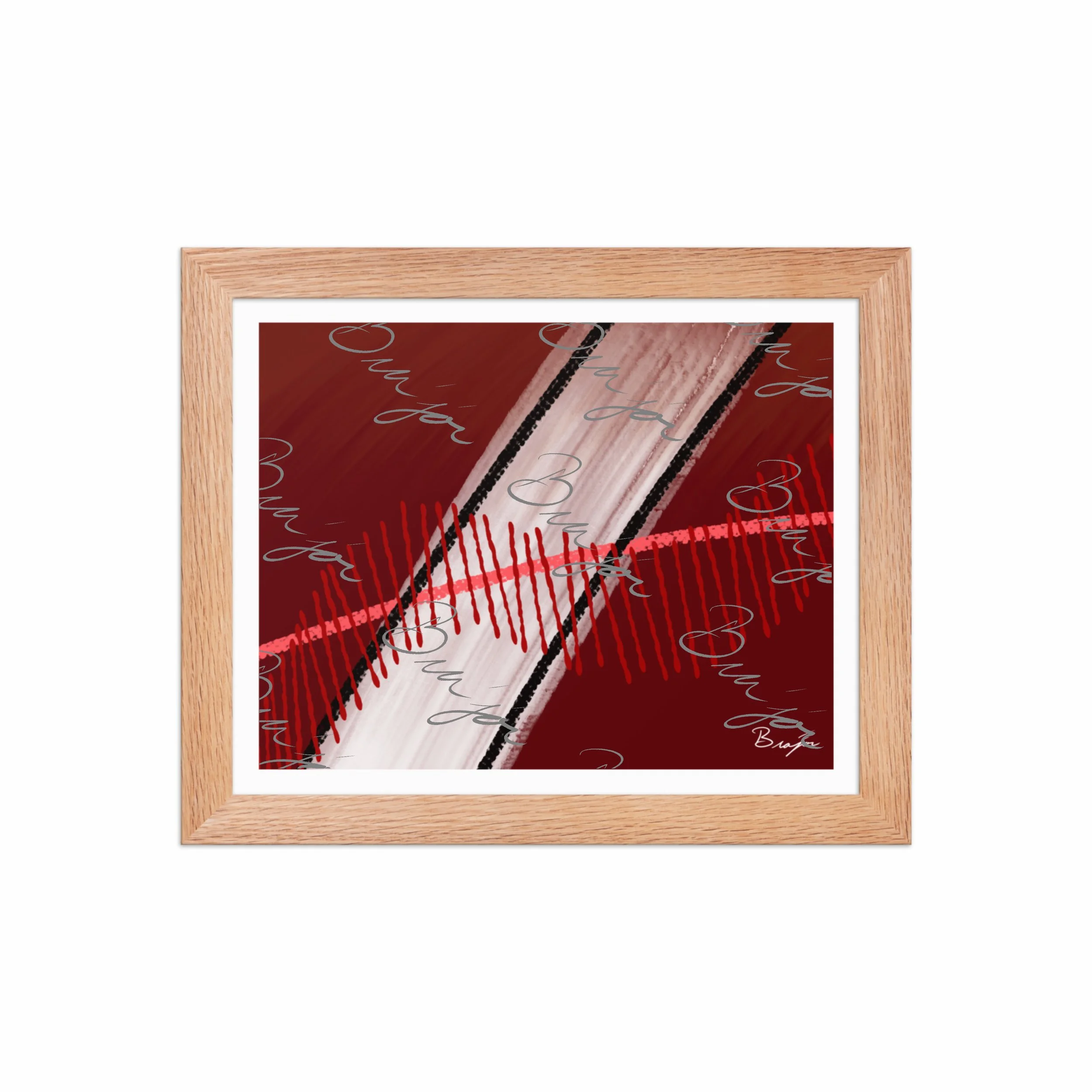8x10 Red Oak Framed abstract artwork titled Confined designed by the digital abstract artist Bra'jor. Artwork includes the colors Red, Pink, Black, Maroon, and White