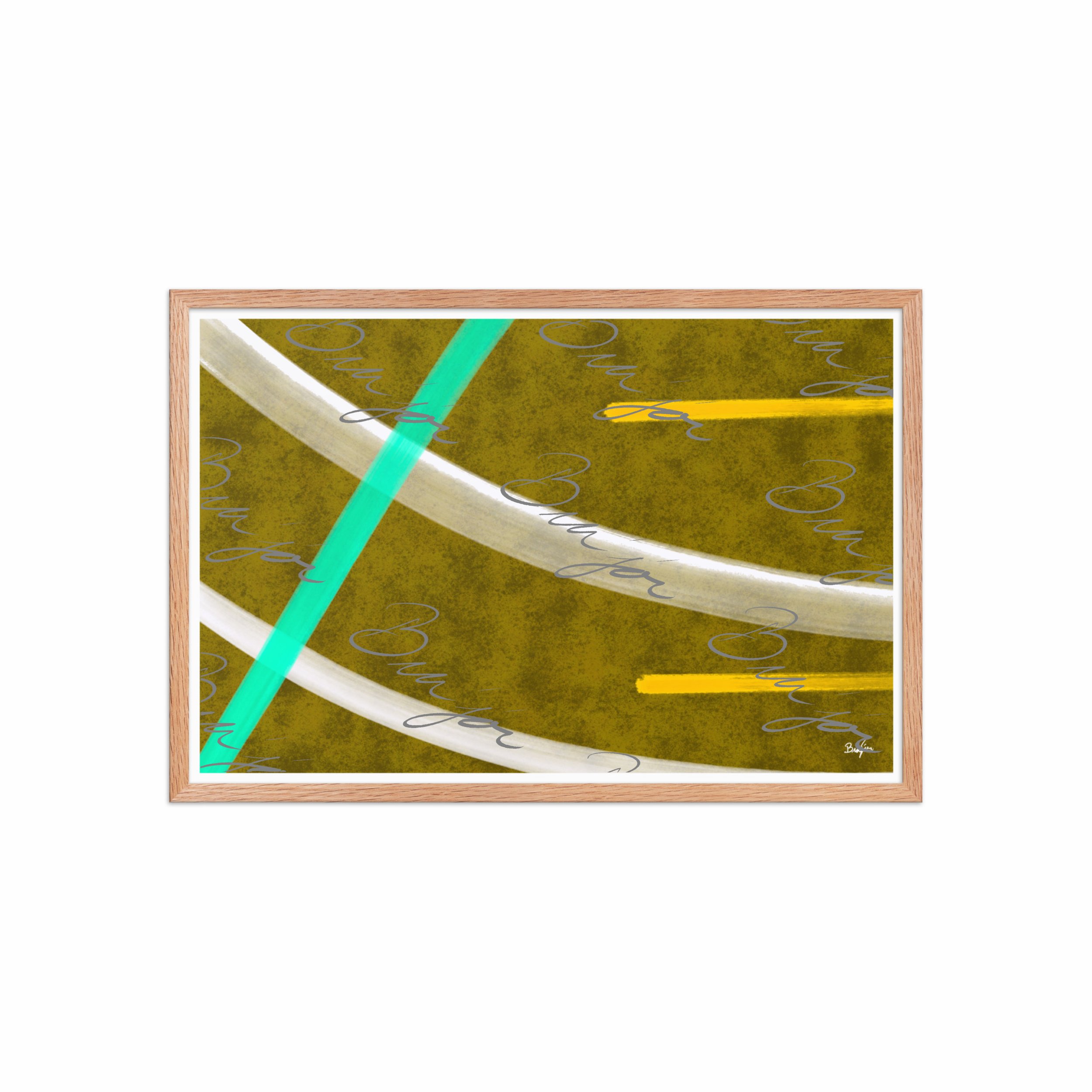 20x30 Red Oak Framed Abstract artwork titled Hushed designed by the digital abstract artist Bra'jor. Artwork includes the colors Orange, Yellow, White, and Blue