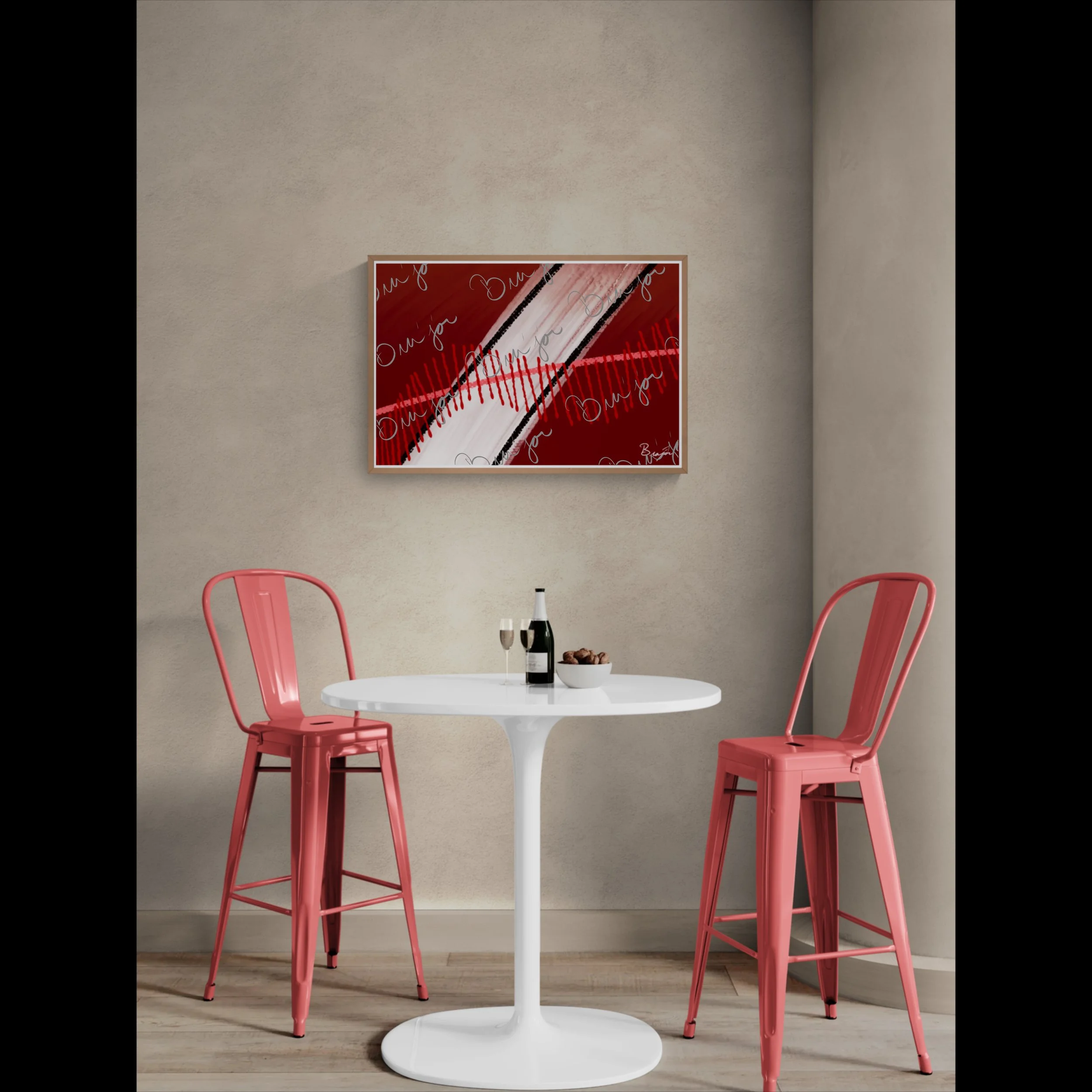 Framed abstract artwork titled Confined designed by the digital abstract artist Bra'jor. Artwork includes the colors Red, Pink, Black, Maroon, and White