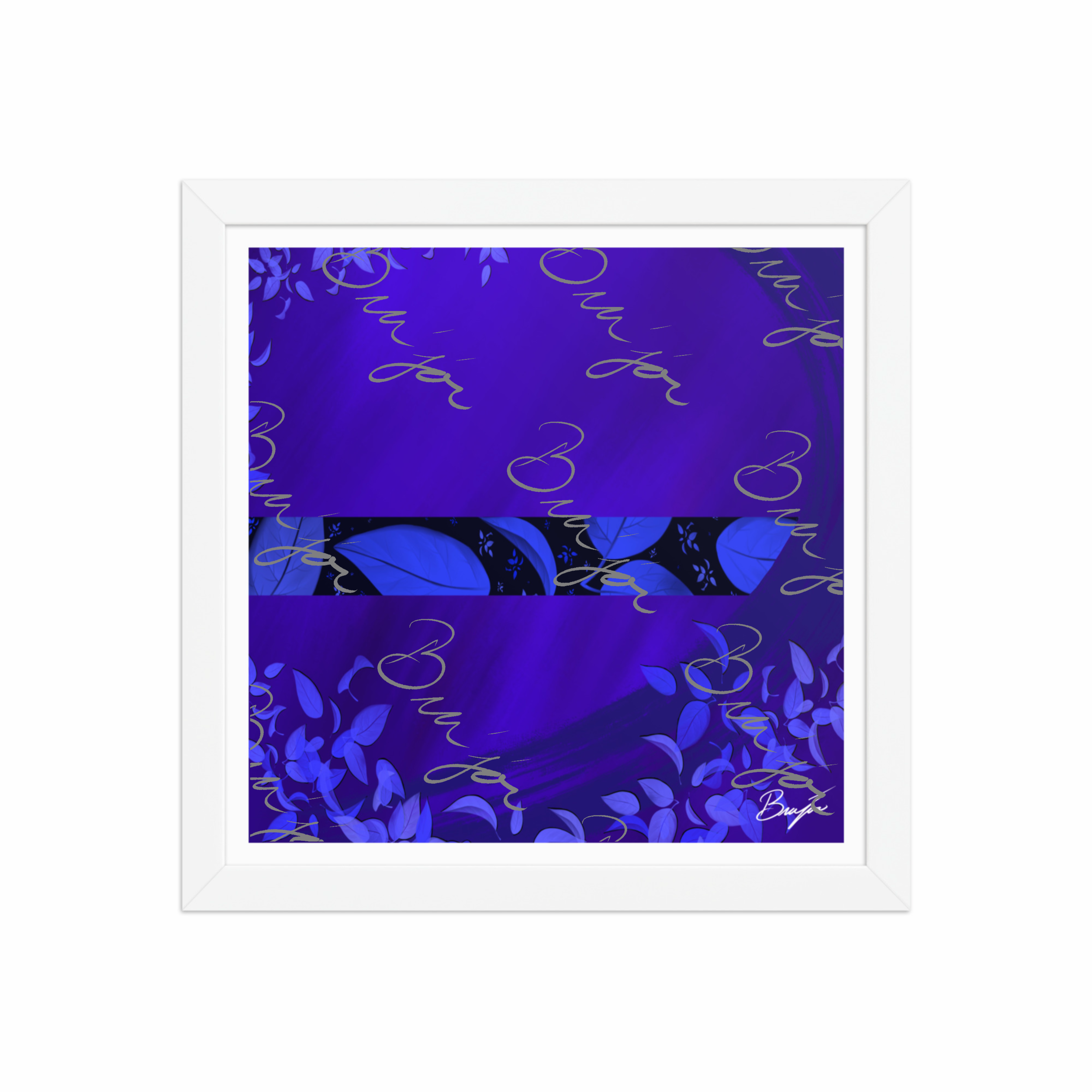 12x12 White Framed abstract artwork titled A Moment designed by the digital abstract artist Bra'jor. Artwork includes the colors Blue, Black, and Purple