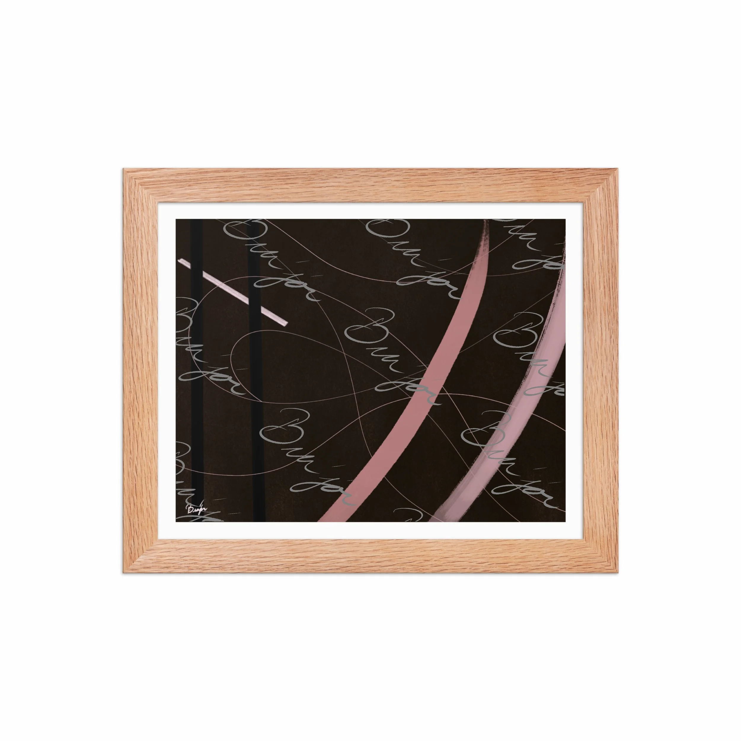8x10 Red Oak Framed abstract artwork titled Beholder designed by the digital abstract artist Bra'jor. Artwork includes the colors Brown, Pink, Black, and White