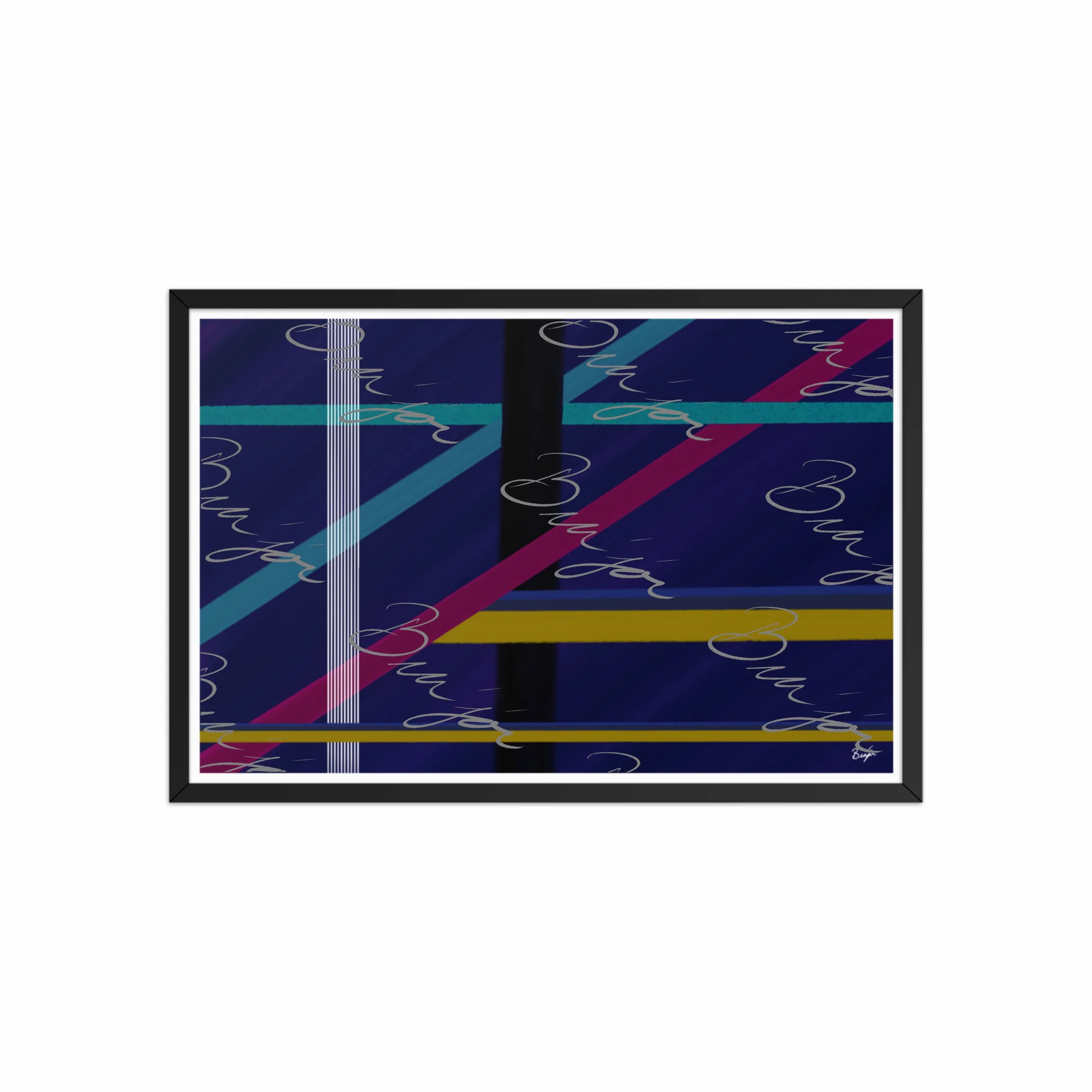 20x30 Black Framed Abstract artwork titled Destinations designed by the digital abstract artist Bra'jor. Artwork includes the colors Black, Blue, Yellow, Pink, and White