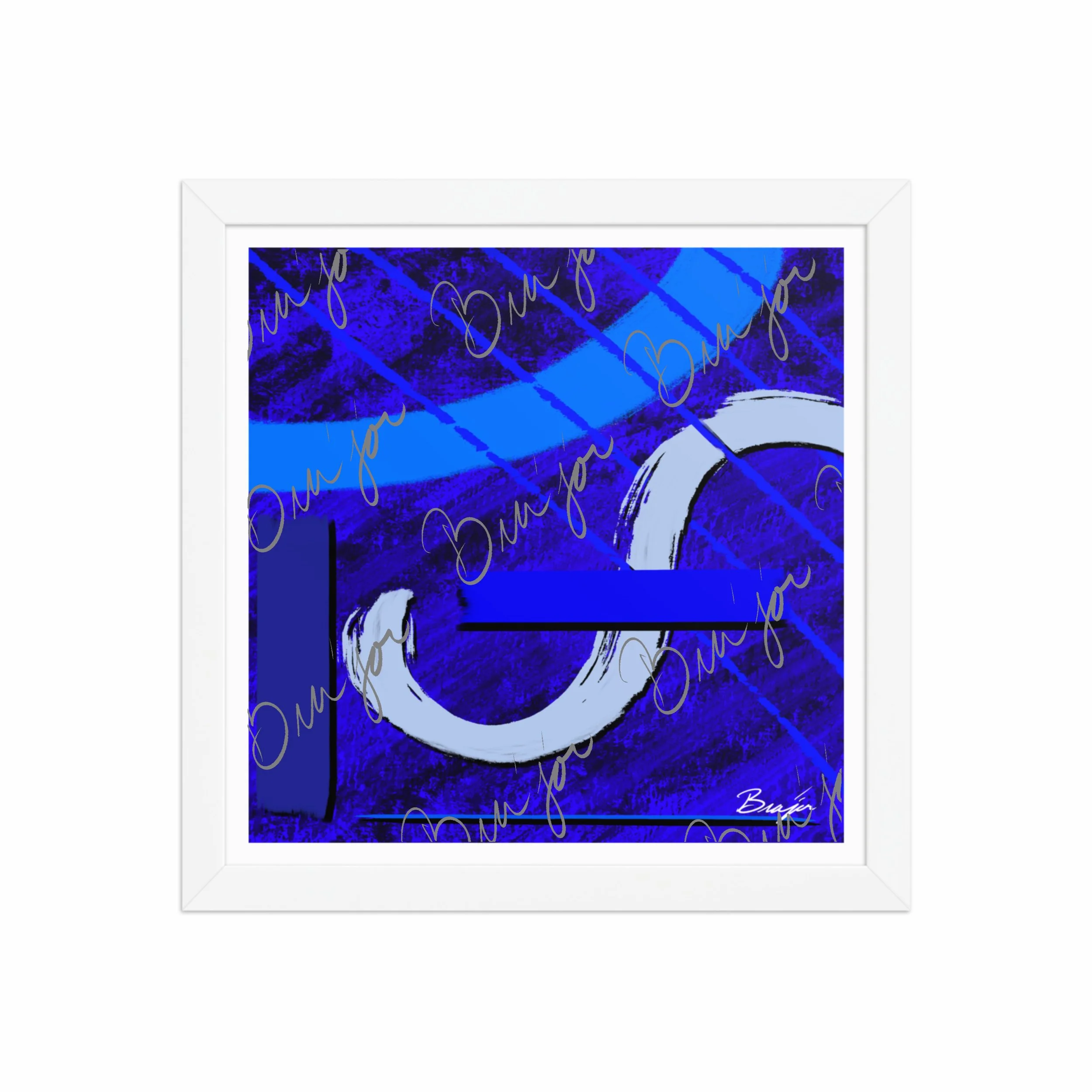 12x12 White Abstract artwork titled Undone designed by the digital abstract artist Bra'jor. Artwork includes the colors Blue, Black, Misty Blue, and Navy