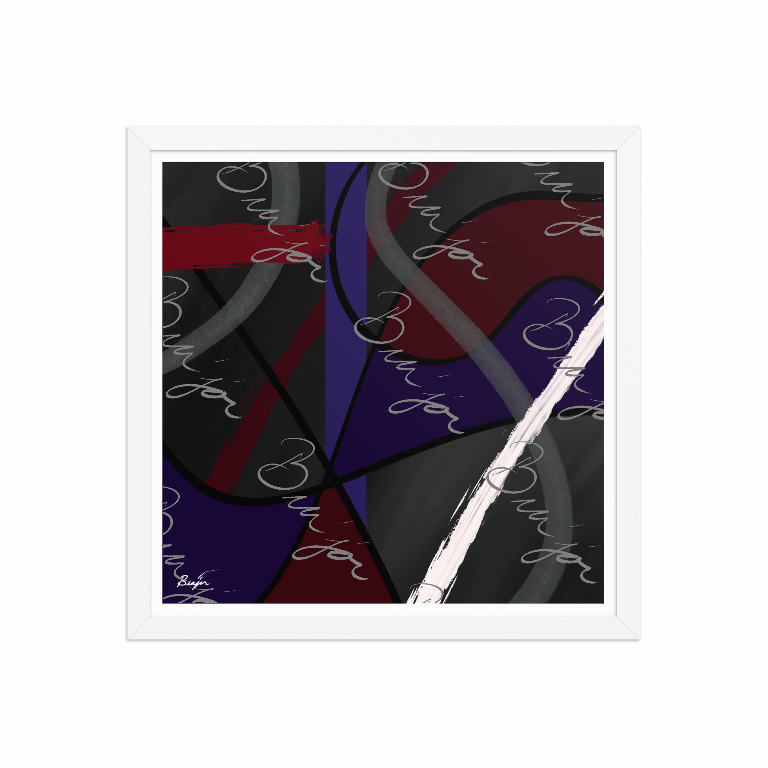 16x16 White Framed Abstract artwork titled Different designed by the digital abstract artist Bra'jor. Artwork includes the colors Purple, Blue, Red, Gray, and Black