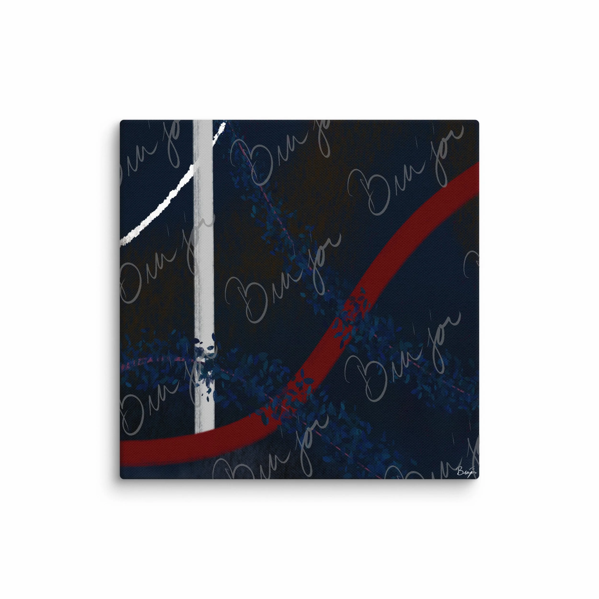 16x16 Canvas abstract artwork titled Gloomy II designed by the digital abstract artist Bra'jor. Artwork includes the colors Blue, Red, White, Pink, and Black