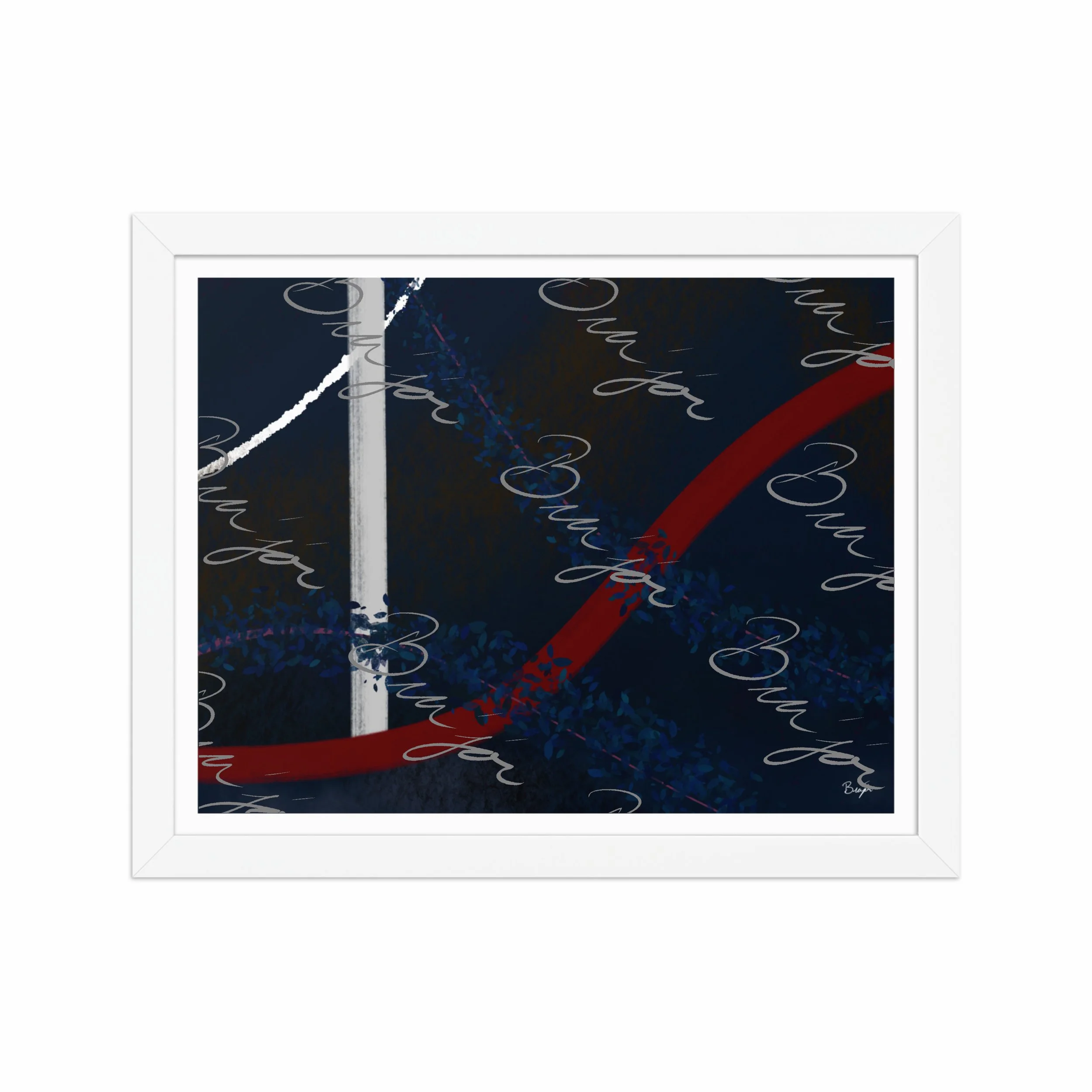 11x14 White Framed abstract artwork titled Gloomy II designed by the digital abstract artist Bra'jor. Artwork includes the colors Blue, Red, White, Pink, and Black