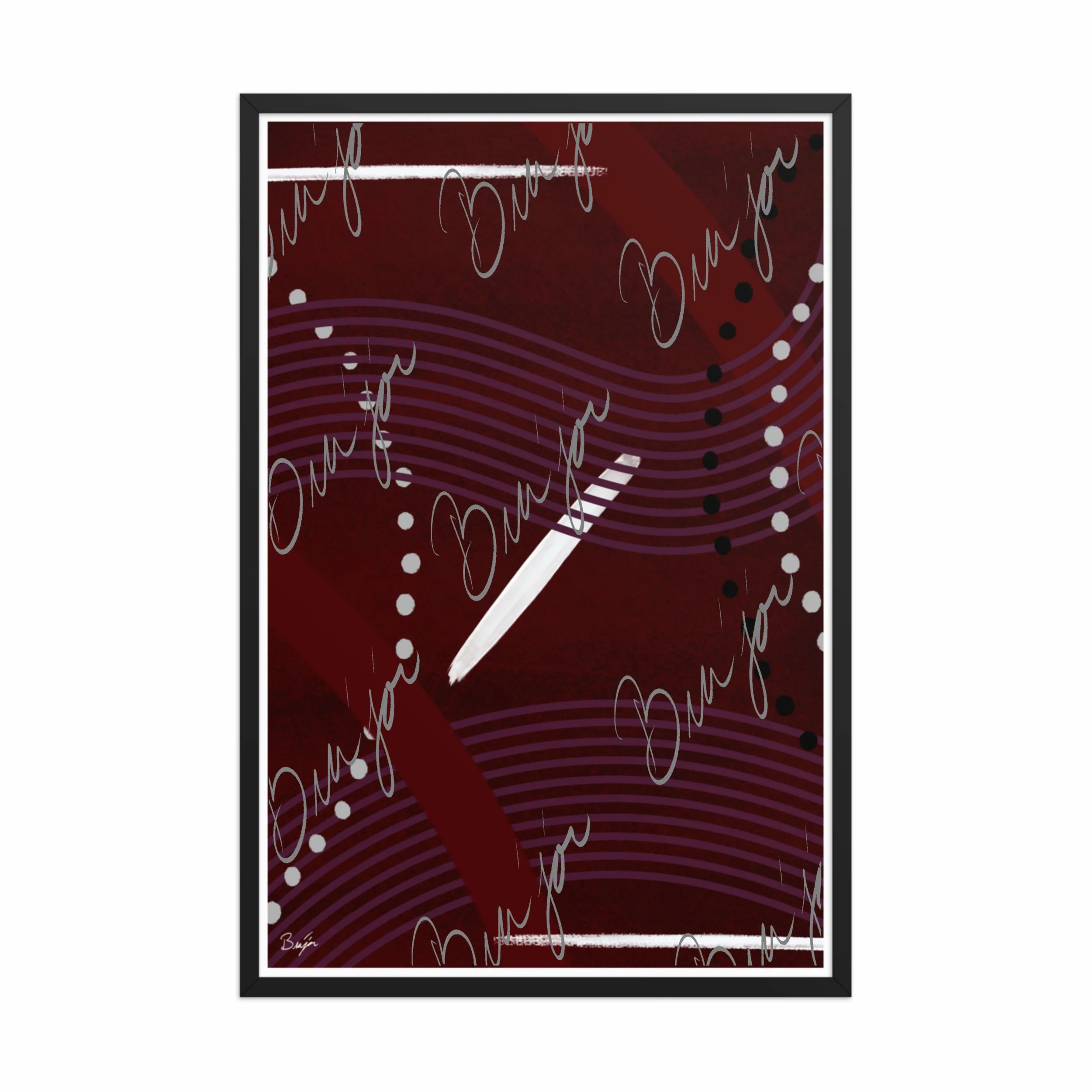 24x36 Black Framed Abstract artwork titled Memories designed by the digital abstract artist Bra'jor. Artwork includes the colors Black, White, Maroon, Purple, and Gray